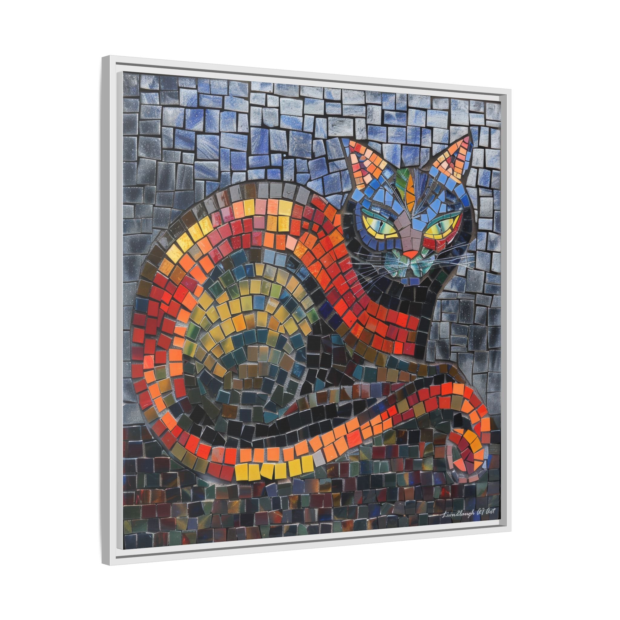 Mystic Shadows: The Enigmatic Cat, Framed Mosaic Cat Art Print — Colorful Modern Wall Canvas