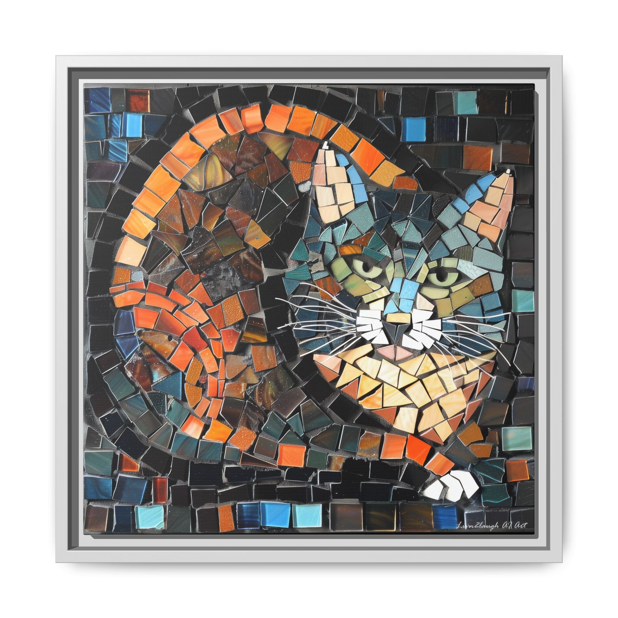 "Bold Mosaic Cat", Framed Mosaic Cat Art Print — Colorful Modern Wall Canvas