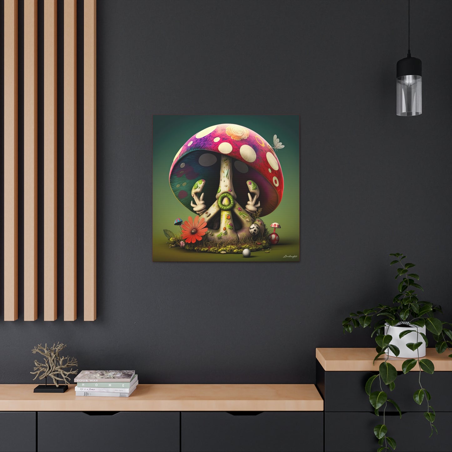 Beautiful Forest Half Peace Sign , Red And White Polka dot Mushrooms Red Flower Canvas Gallery Wraps