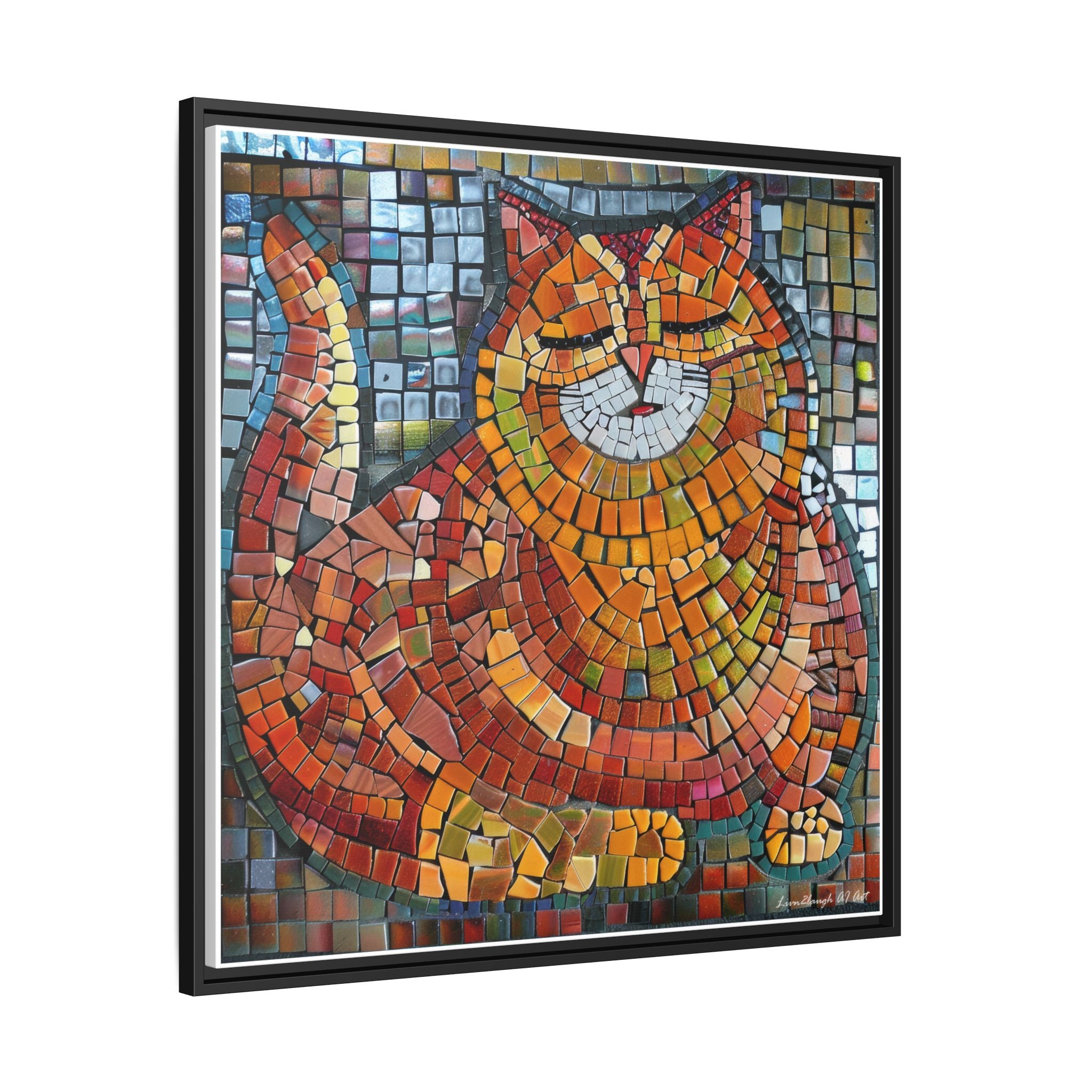 Radiant Whiskers: The Joyful Cat, Framed Mosaic Cat Art Print — Colorful Modern Wall Canvas