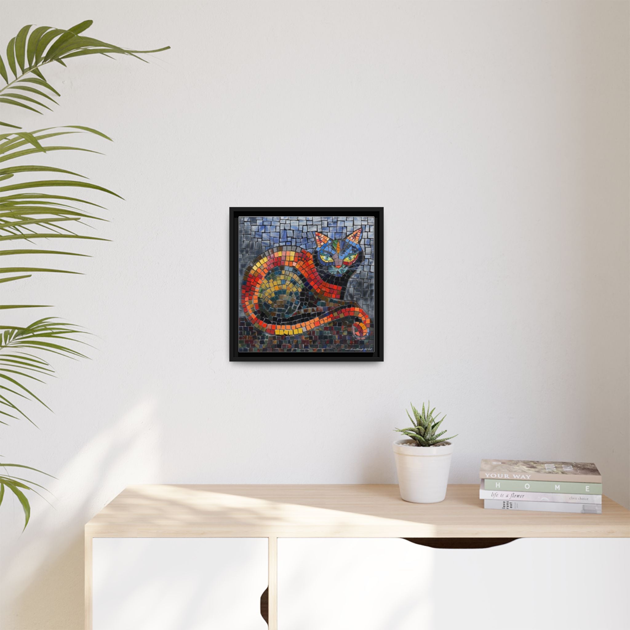 Mystic Shadows: The Enigmatic Cat, Framed Mosaic Cat Art Print — Colorful Modern Wall Canvas