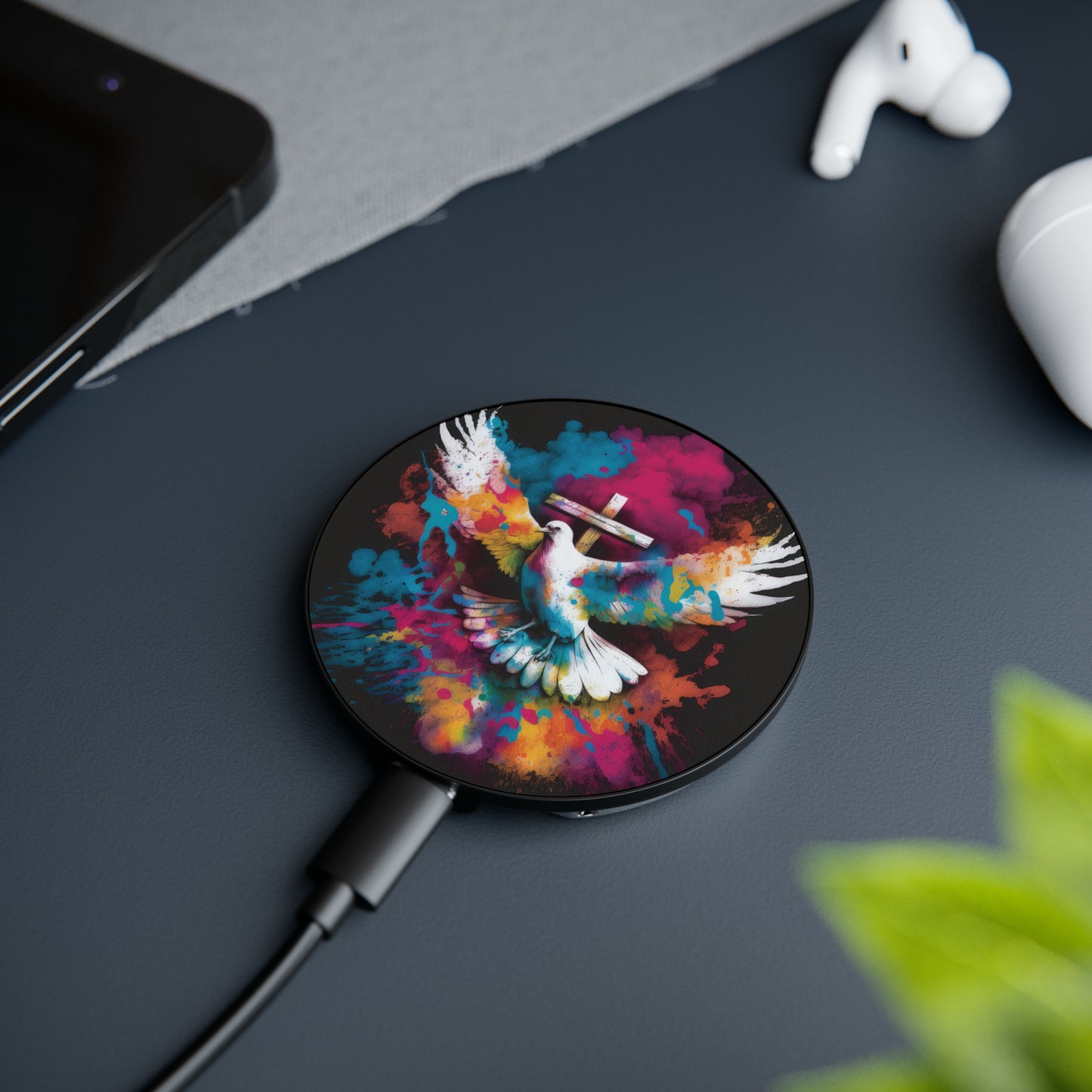 Bold And Beautiful Tie Dye Dove And Cross Style 9 Magnetic Induction Charger