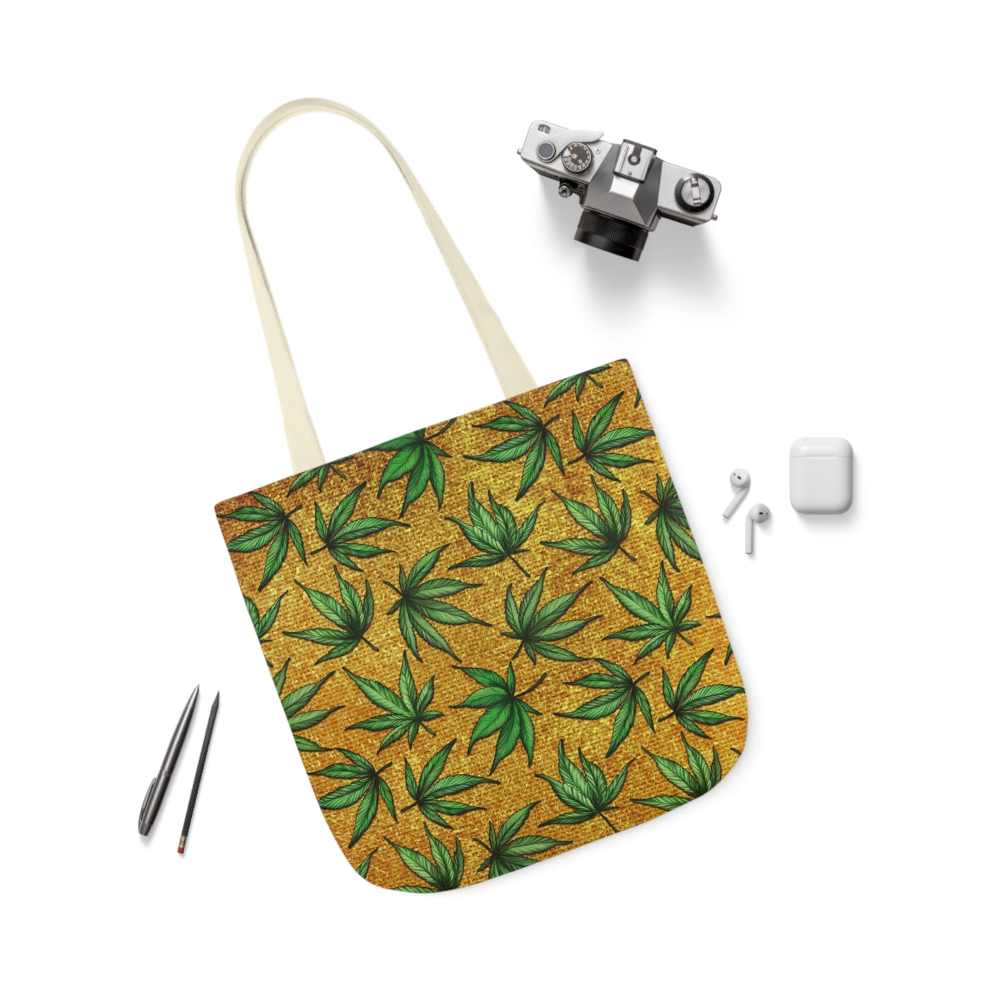 Gold And Green Marijuana Pot Weed Leaf With Gold Background 420 Polyester Canvas Tote Bag (AOP)