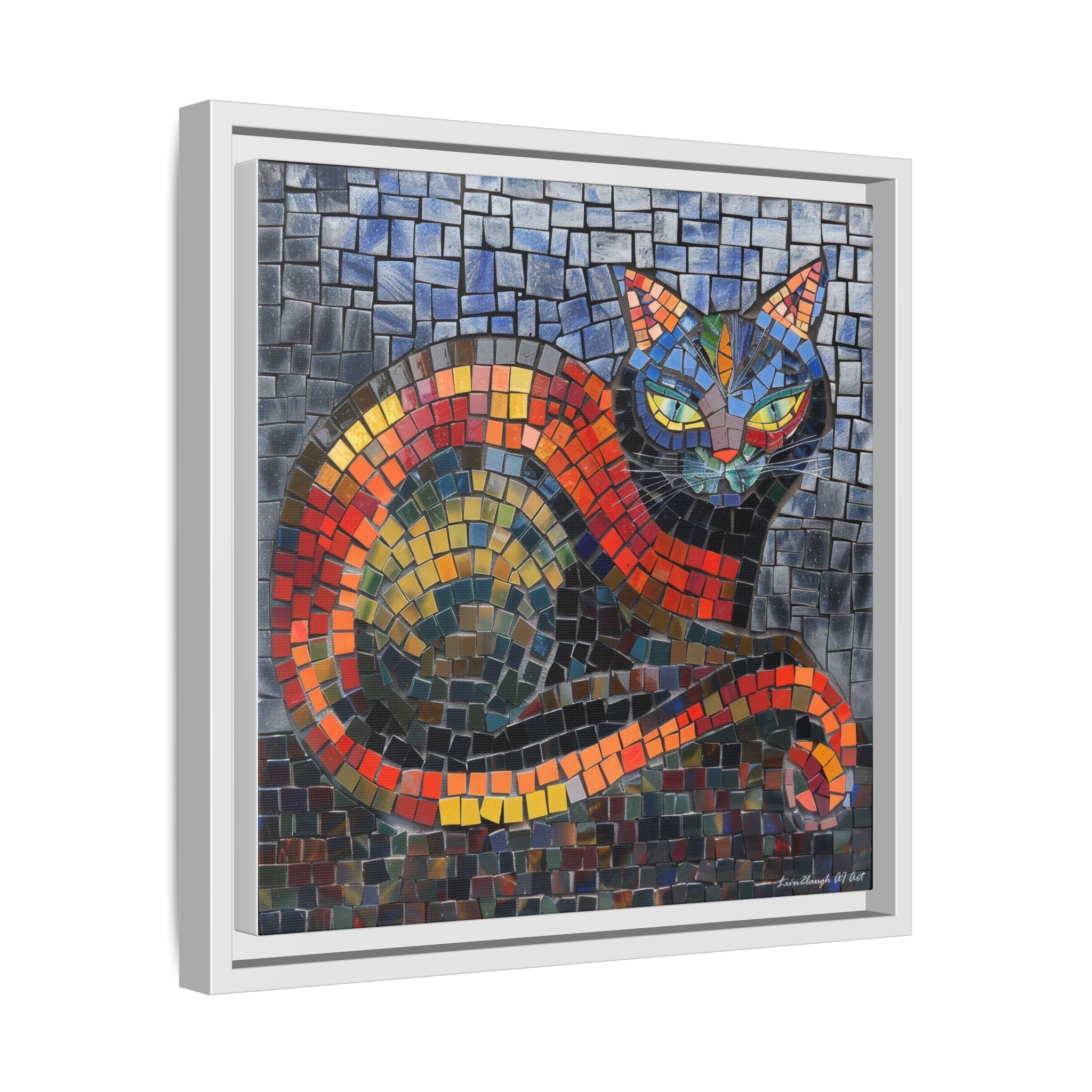 Mystic Shadows: The Enigmatic Cat, Framed Mosaic Cat Art Print — Colorful Modern Wall Canvas