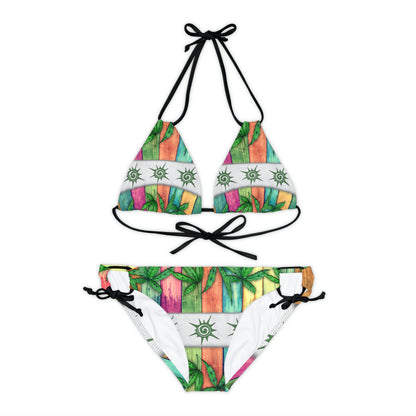 Beautiful Multicolored Pink Purple Blue 420 Weed Marijuana Leaf Strappy Bikini Set (AOP)