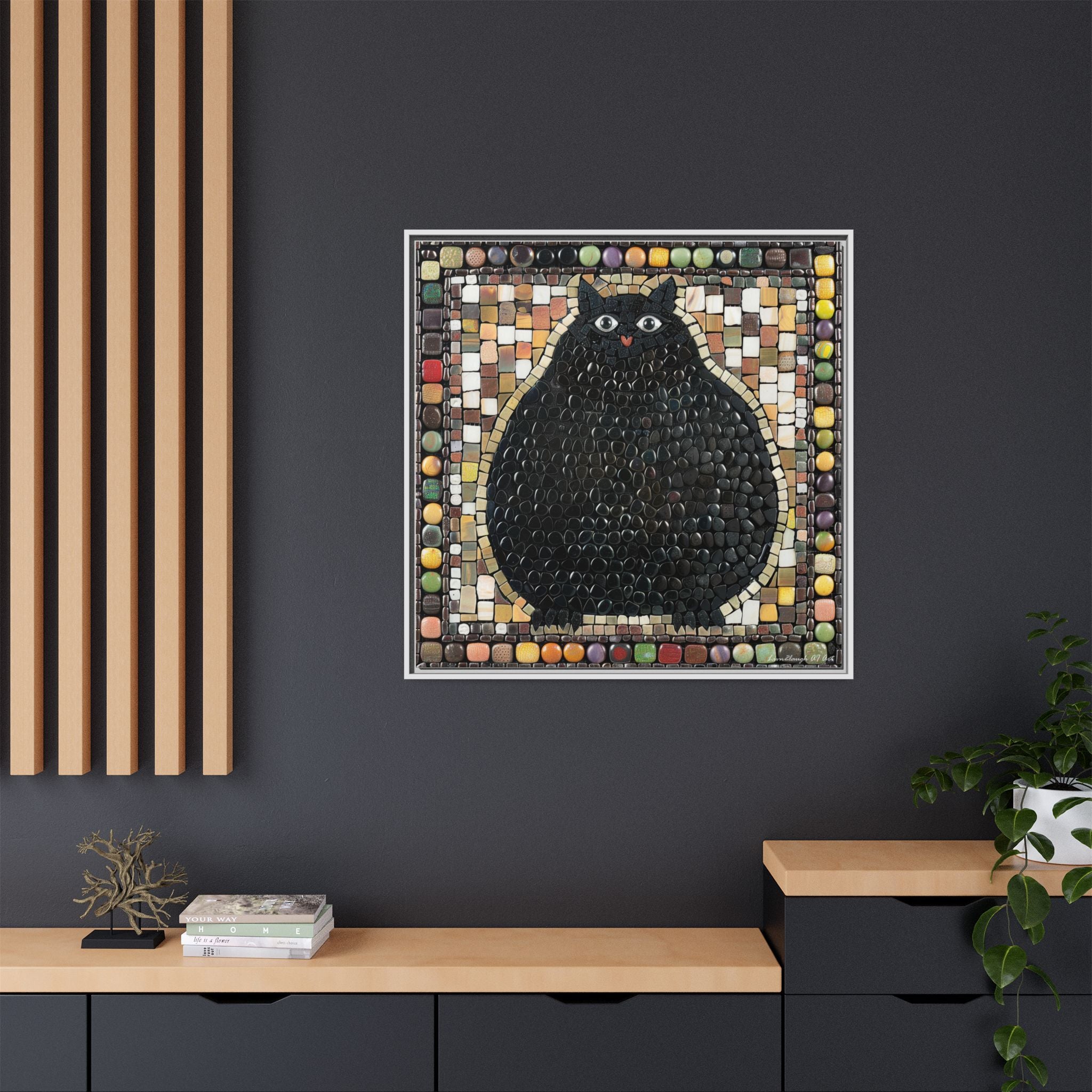 "Playful Black Cat Mosaic", Framed Mosaic Cat Art Print — Colorful Modern Wall Canvas