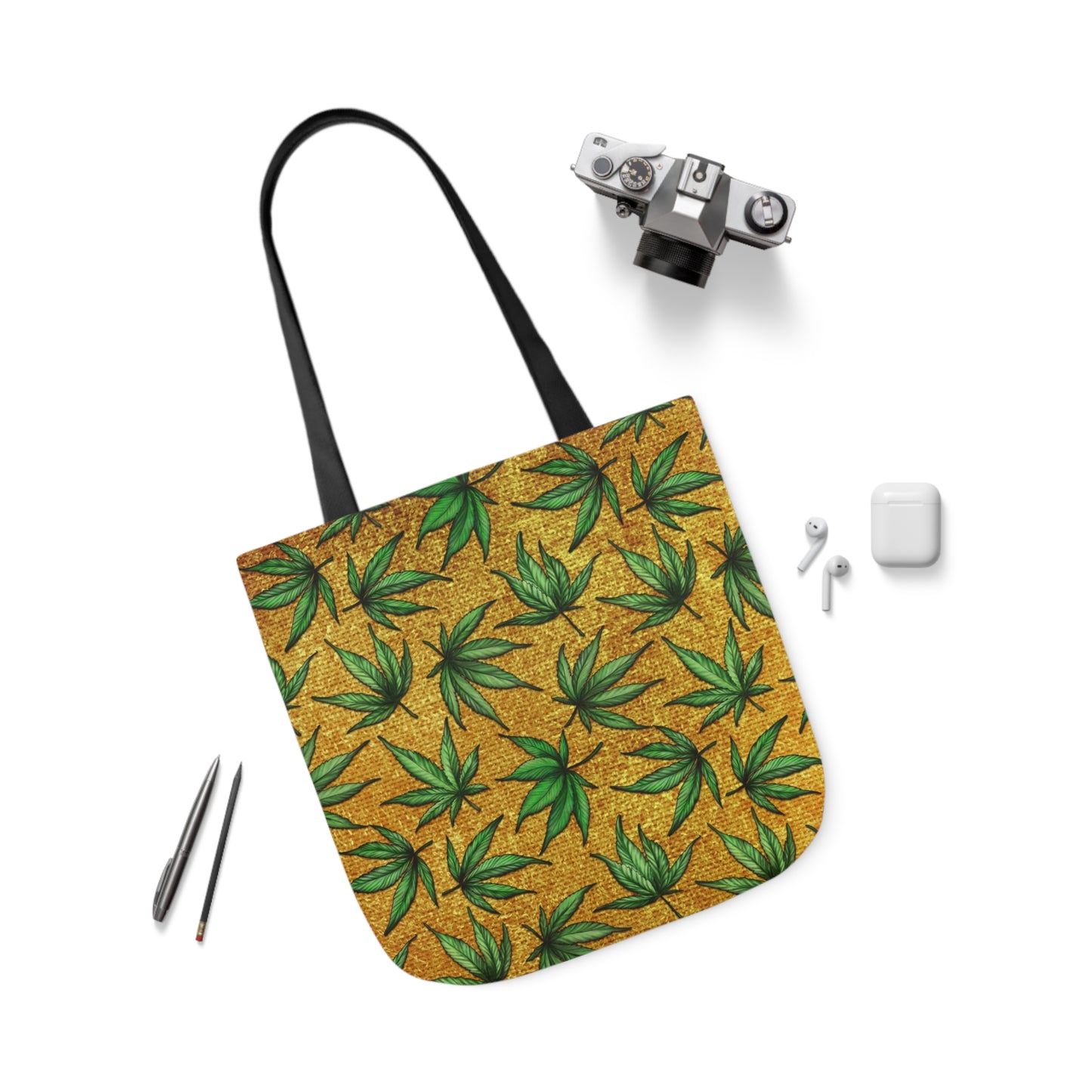 Gold And Green Marijuana Pot Weed Leaf With Gold Background 420 Polyester Canvas Tote Bag (AOP)