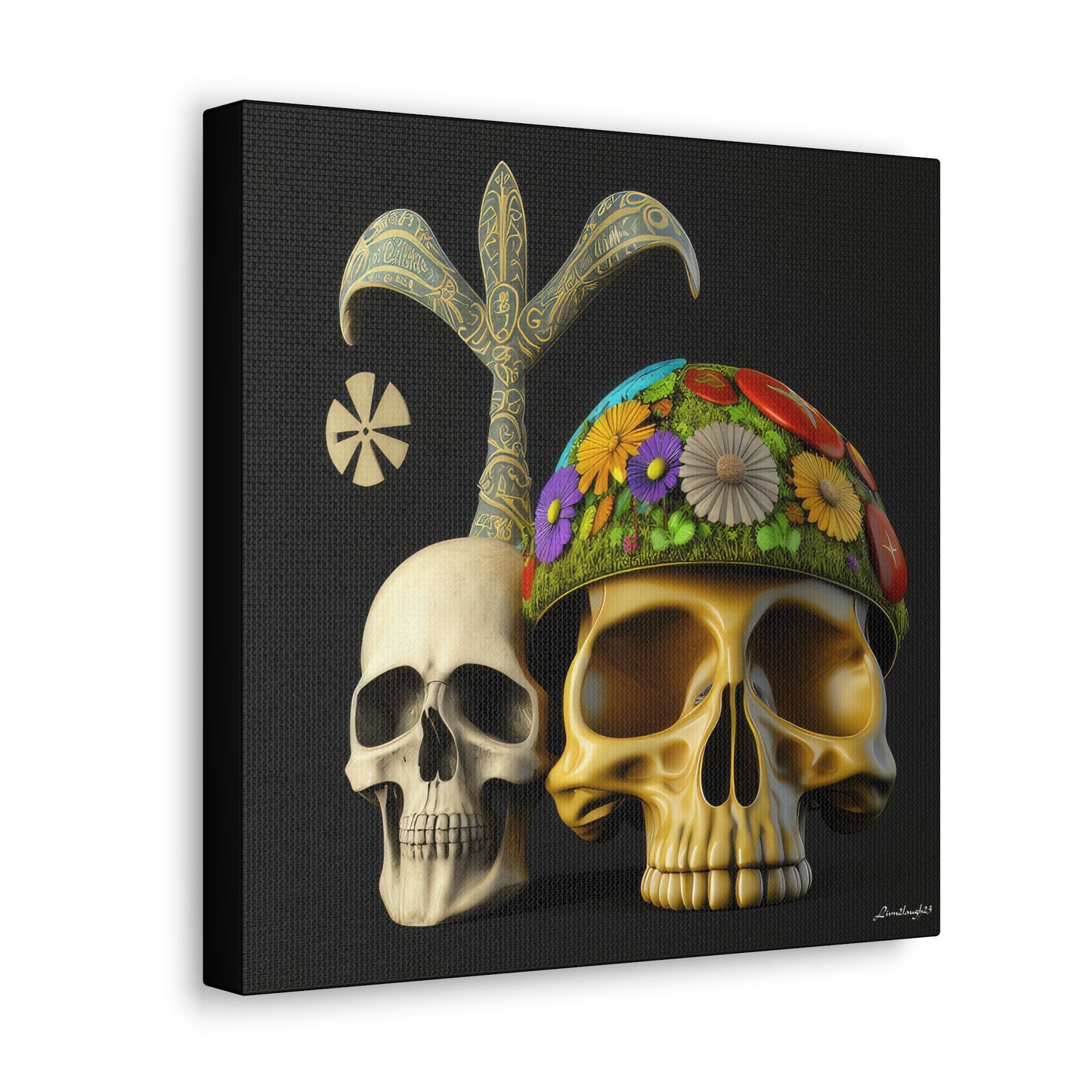 Double Skull With Yellow White Purple Flowers Canvas Gallery Wraps