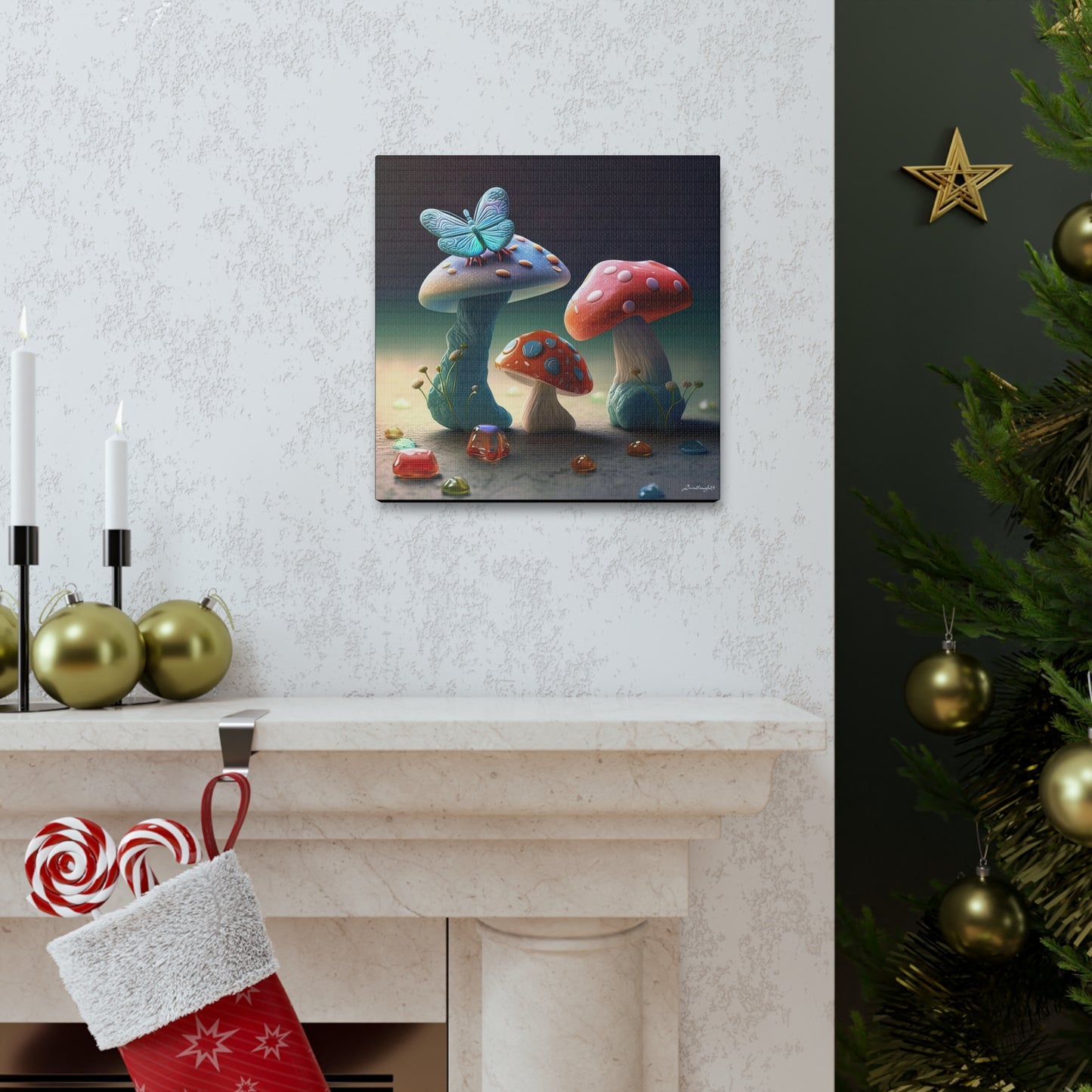 Beautiful Mushroom Luminating Colorful Bliss With Butterflies 2 Canvas Gallery Wraps