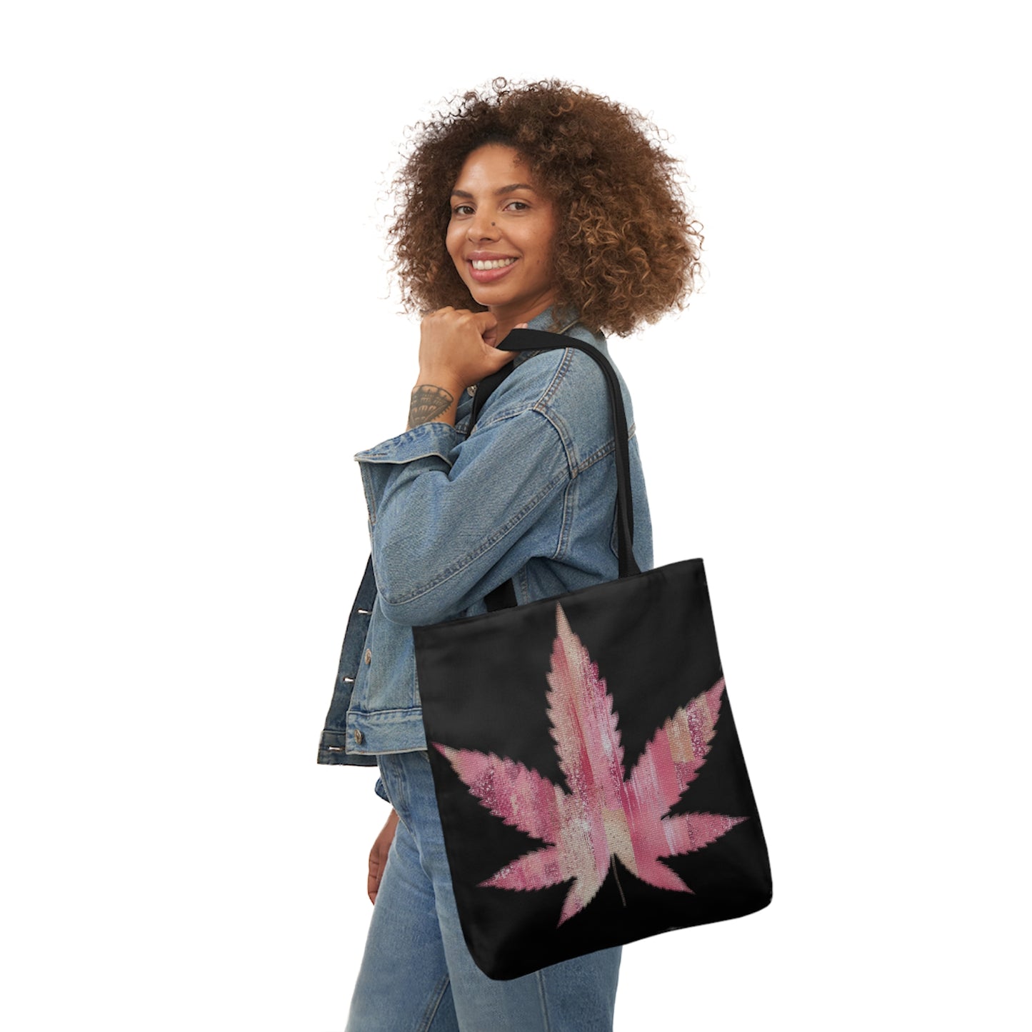 Sassy Single Pink Marijuana 420 Weed Leaf With Black Background Polyester Canvas Tote Bag (AOP)