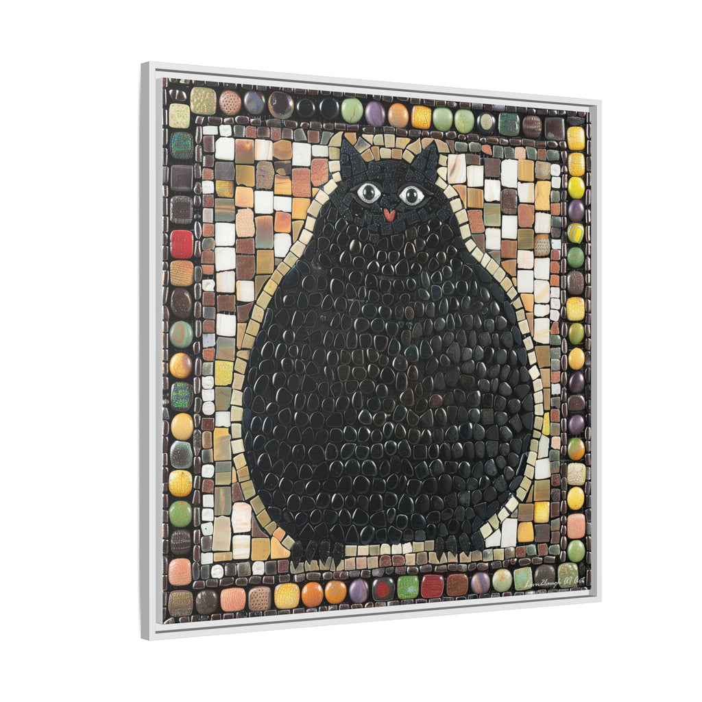 "Playful Black Cat Mosaic", Framed Mosaic Cat Art Print — Colorful Modern Wall Canvas
