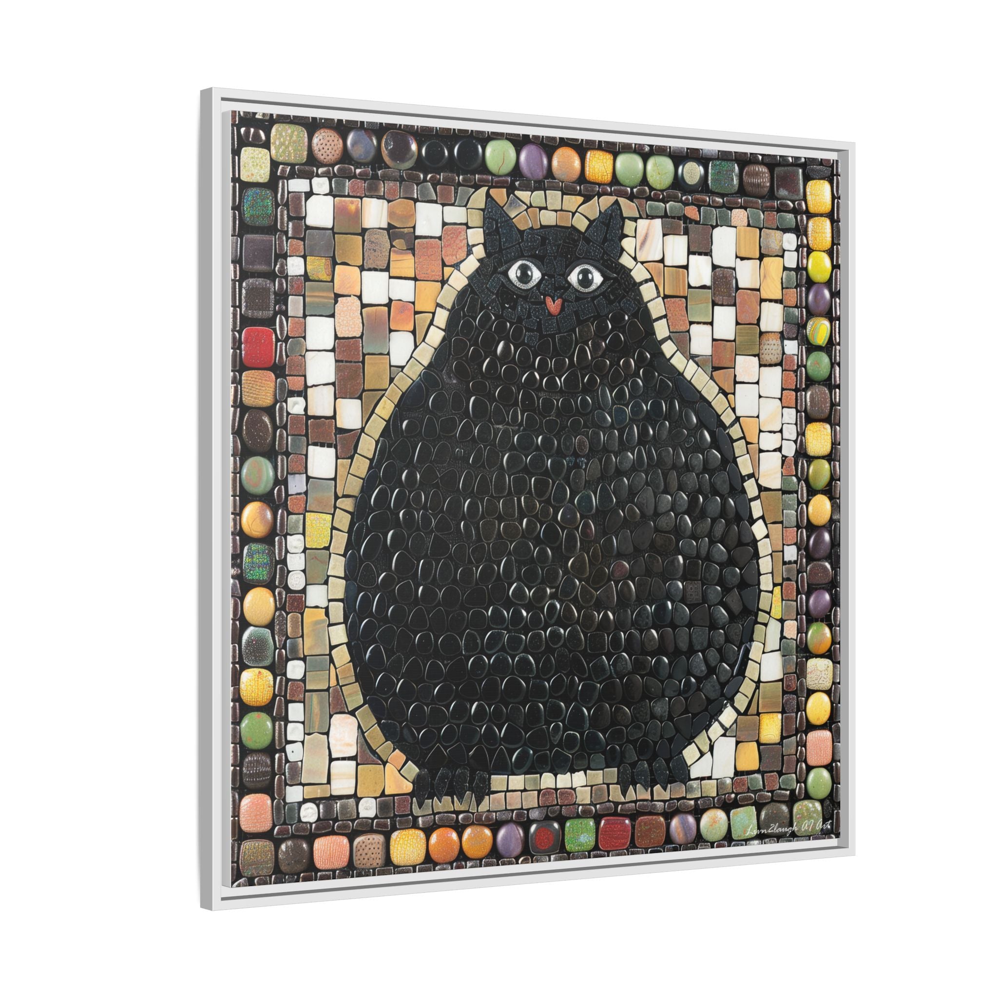 "Playful Black Cat Mosaic", Framed Mosaic Cat Art Print — Colorful Modern Wall Canvas