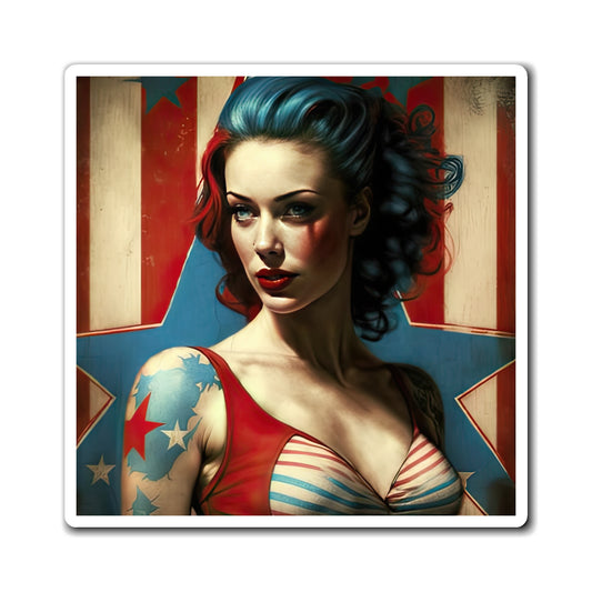 Retro Tattooed Pinup Blue, Red And White Star Magnet Style Two
