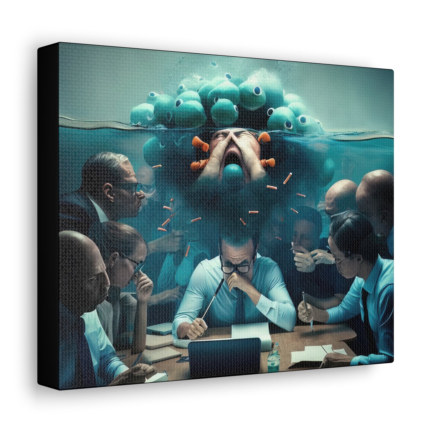 Under Water At The Office Under Corporate Stress And Pressure , Employee Frustration Canvas Gallery Wraps