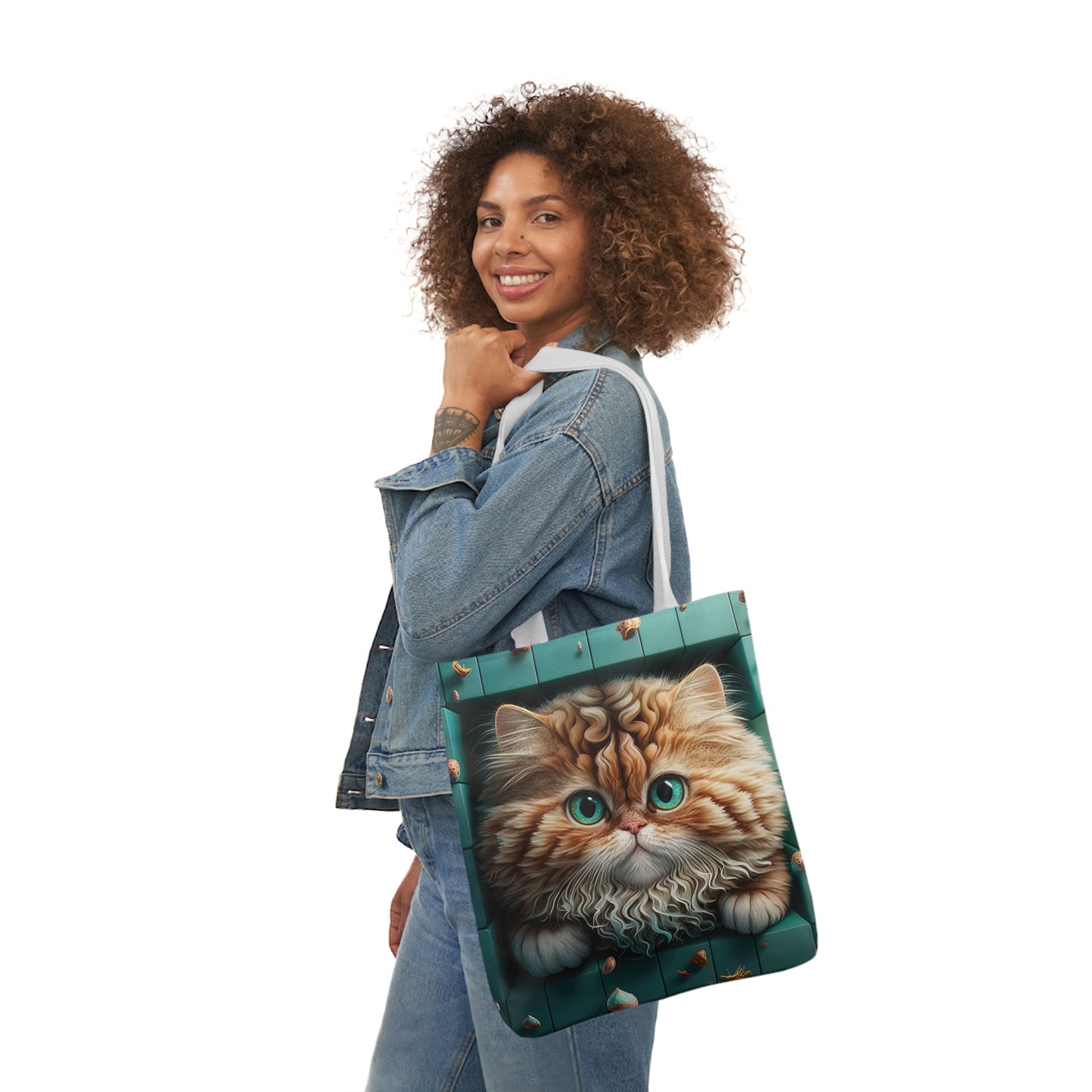 Beautiful Orange And White Fluffy Cat With Blue Eye , Blue Framed Polyester Canvas Tote Bag (AOP)