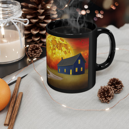 Fall Season Leads to Beautiful Colors Of the Sky, Trees Leaves, Moon And Pumpkins, Black Cat 11oz Black Mug