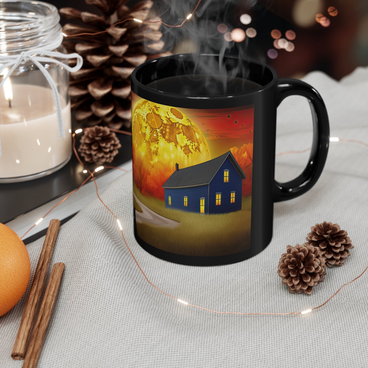 Fall Season Leads to Beautiful Colors Of the Sky, Trees Leaves, Moon And Pumpkins, Black Cat 11oz Black Mug