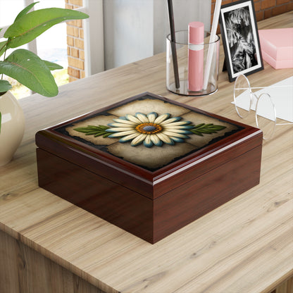 Beautiful White Flower Edged With Striking Blue flower And Bee Jewelry Box