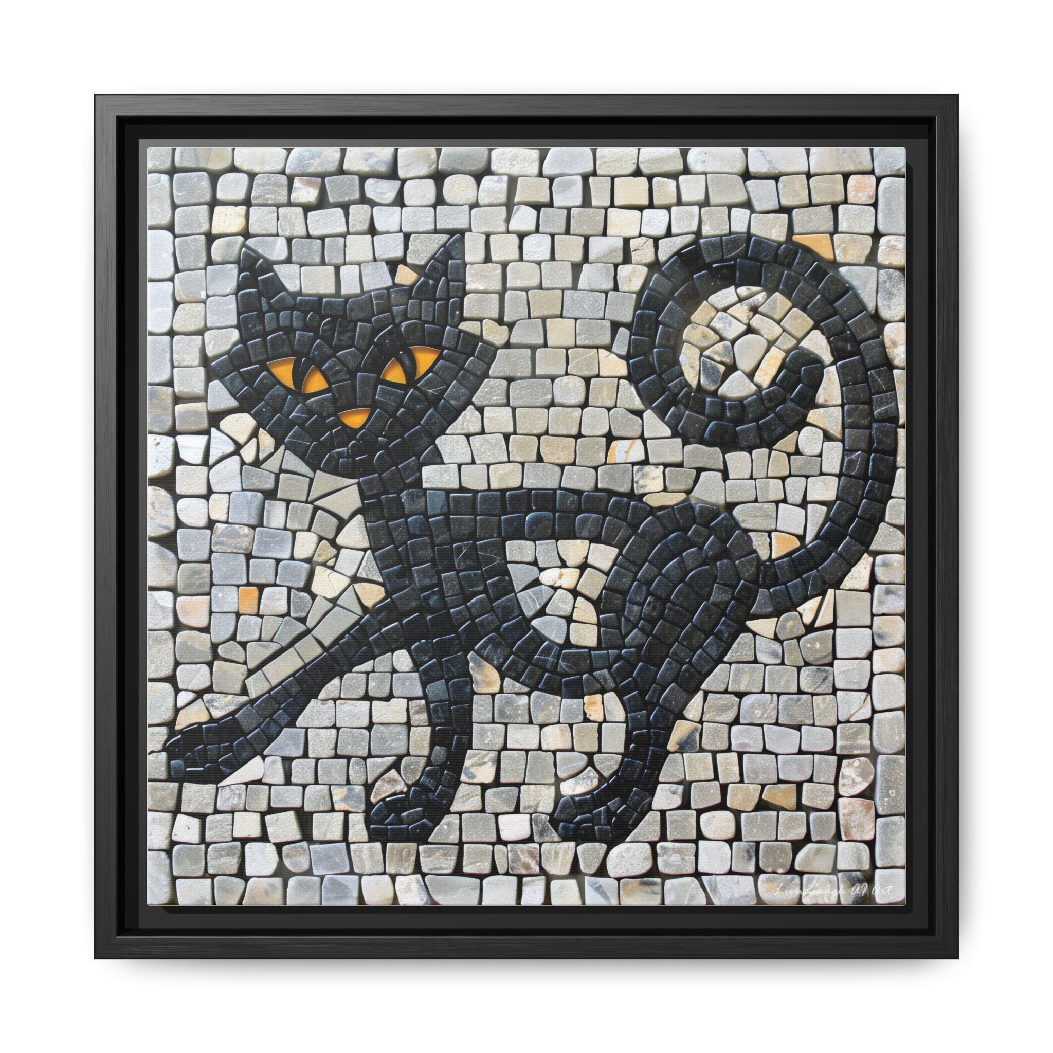 "Curious Black Cat Mosaic", Framed Mosaic Cat Art Print — Colorful Modern Wall Canvas