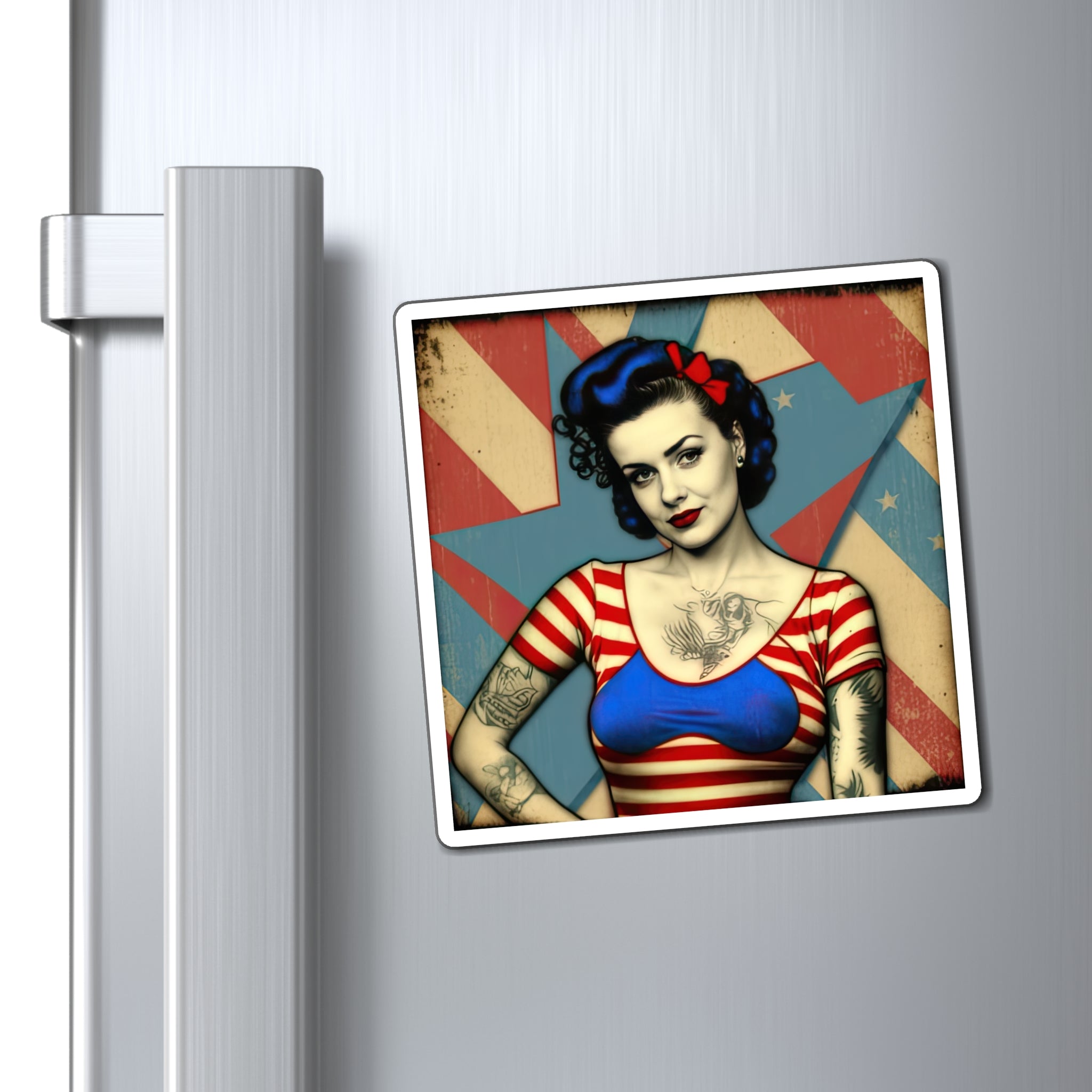 Retro Tattooed Pinup Blue, Red And White Star Magnet Style Eight