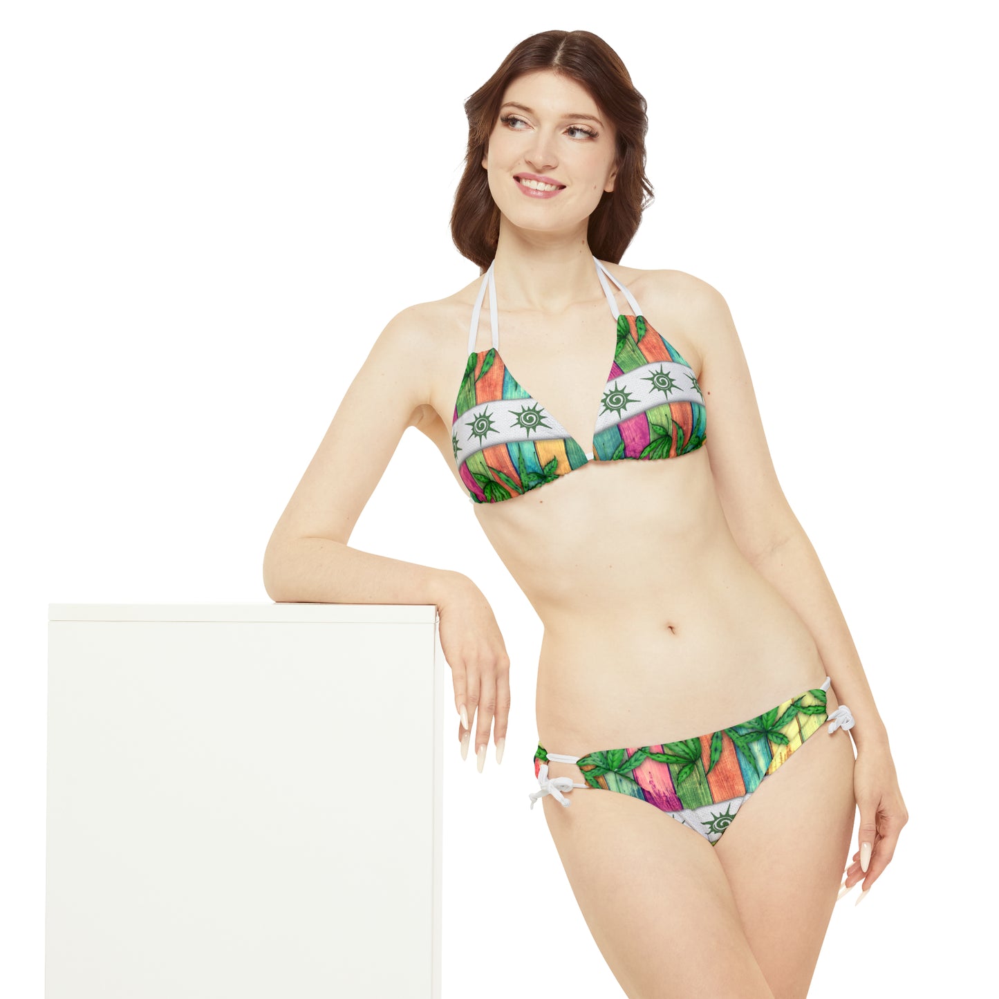 Beautiful Multicolored Pink Purple Blue 420 Weed Marijuana Leaf Strappy Bikini Set (AOP)