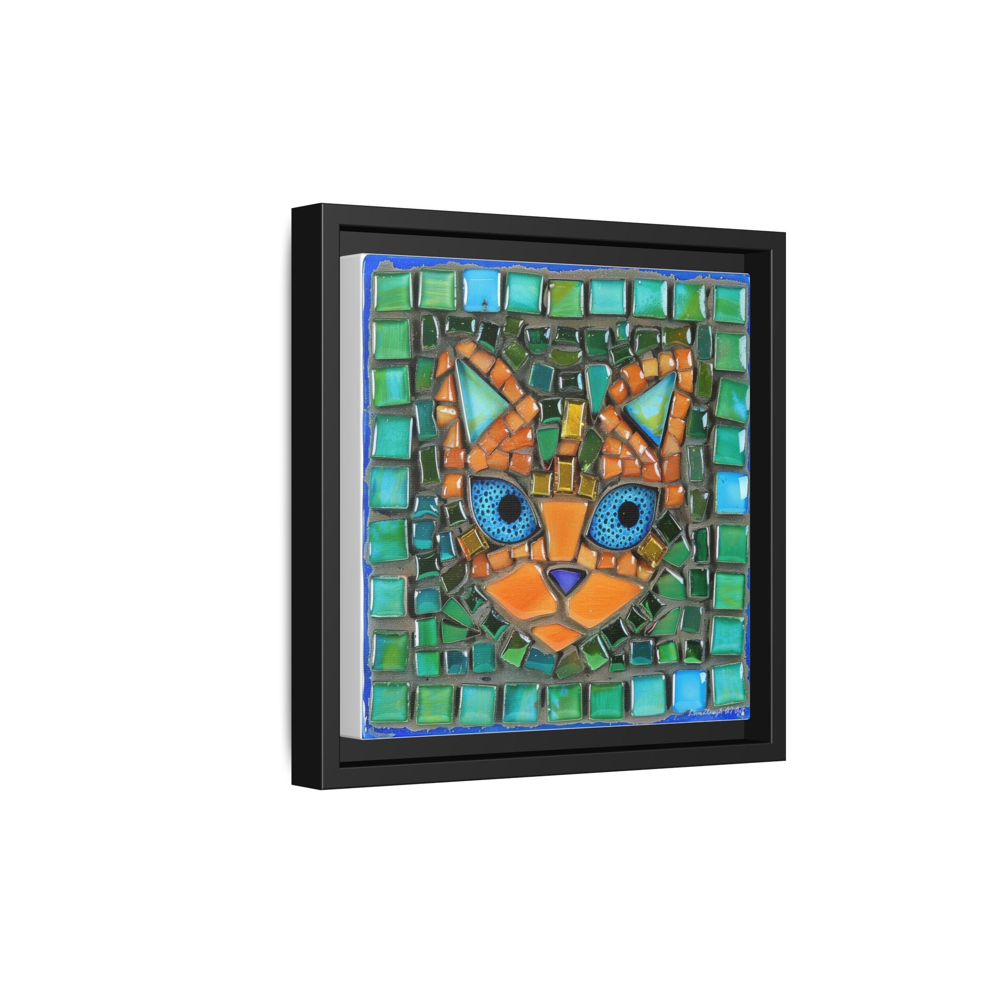 "Emerald Eyes Mosaic Cat", Framed Mosaic Cat Art Print — Colorful Modern Wall Canvas