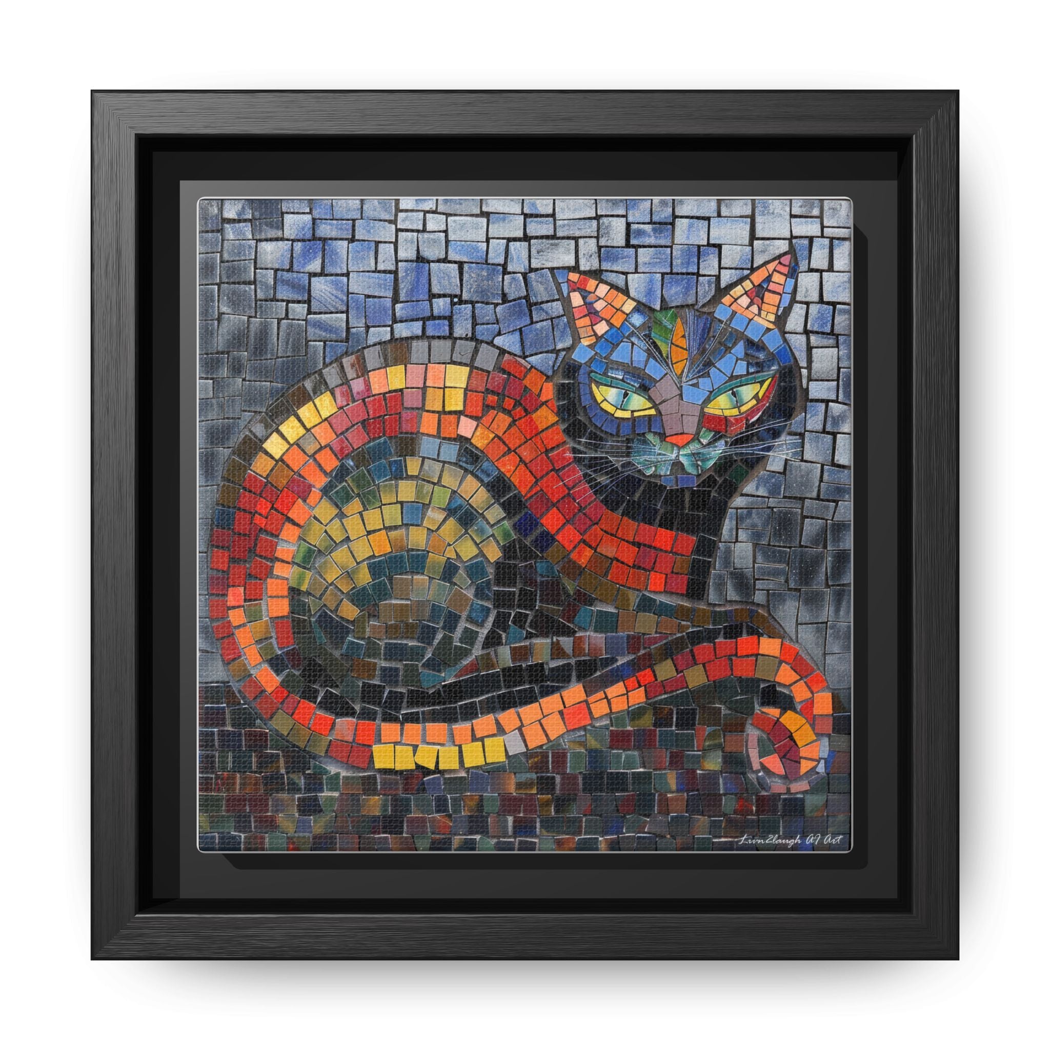 Mystic Shadows: The Enigmatic Cat, Framed Mosaic Cat Art Print — Colorful Modern Wall Canvas
