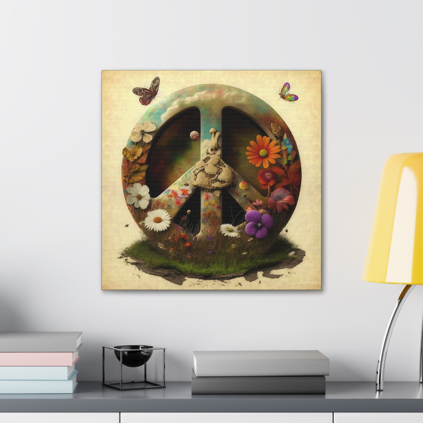 Elegant Peace Sign With Beautiful Flowers And Butterflies , Beige Background Canvas Gallery Wraps