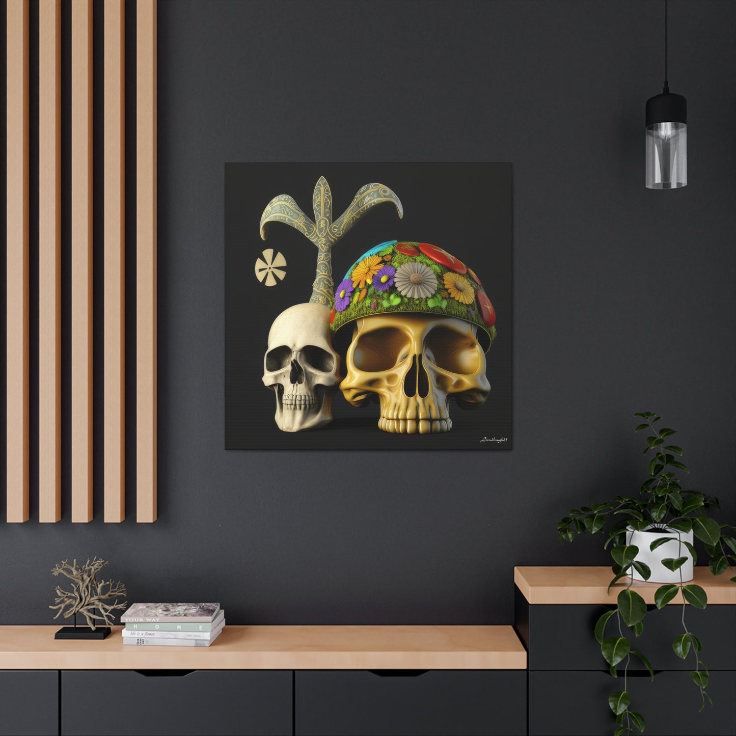 Double Skull With Yellow White Purple Flowers Canvas Gallery Wraps