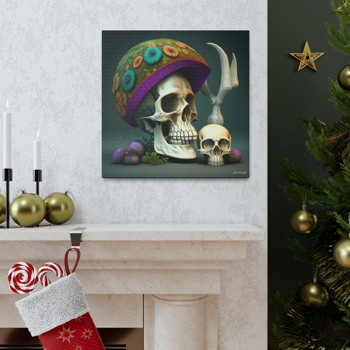 Skull With Colorful Beautifully Detailed Helmet Purple Green Orange Canvas Gallery Wraps