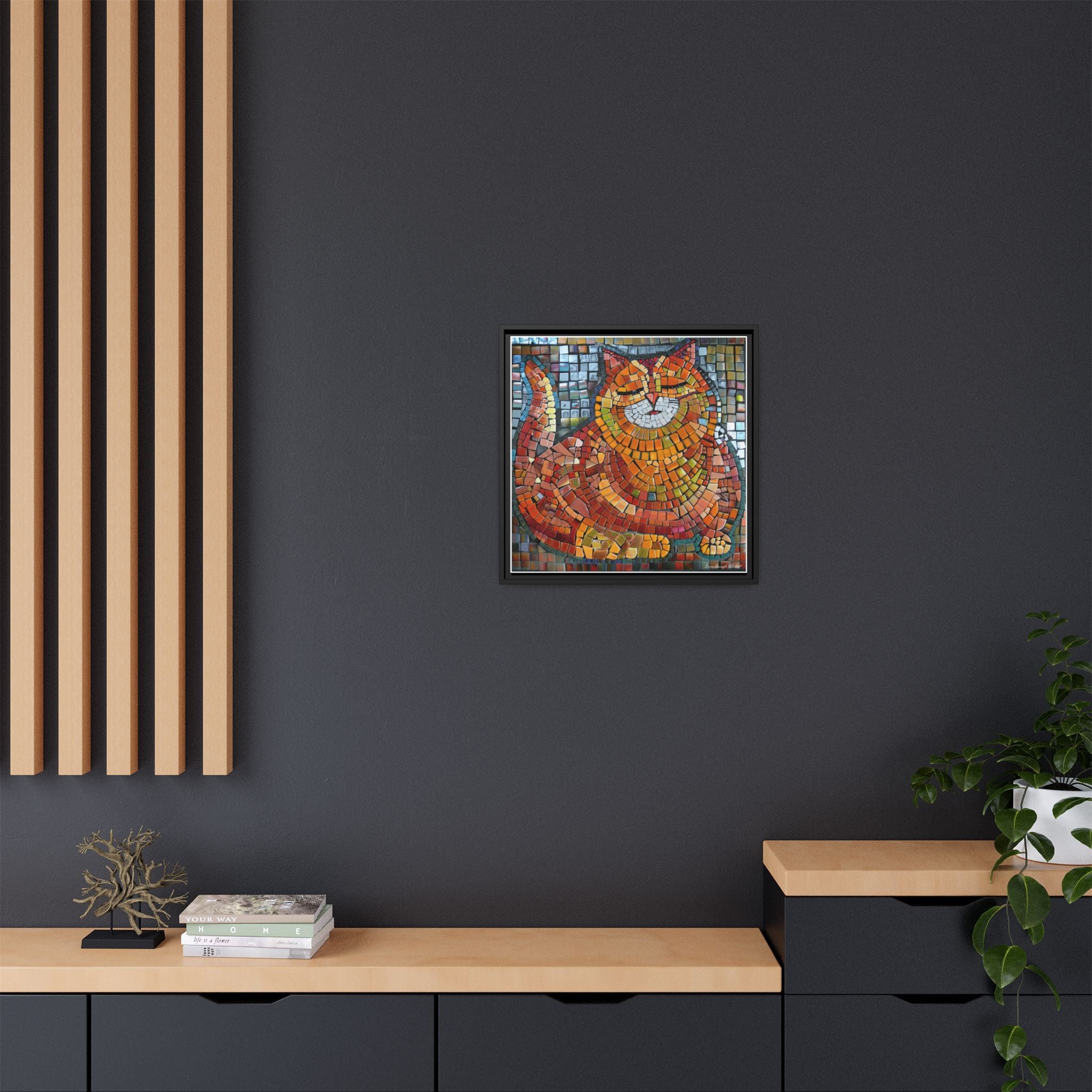 Radiant Whiskers: The Joyful Cat, Framed Mosaic Cat Art Print — Colorful Modern Wall Canvas