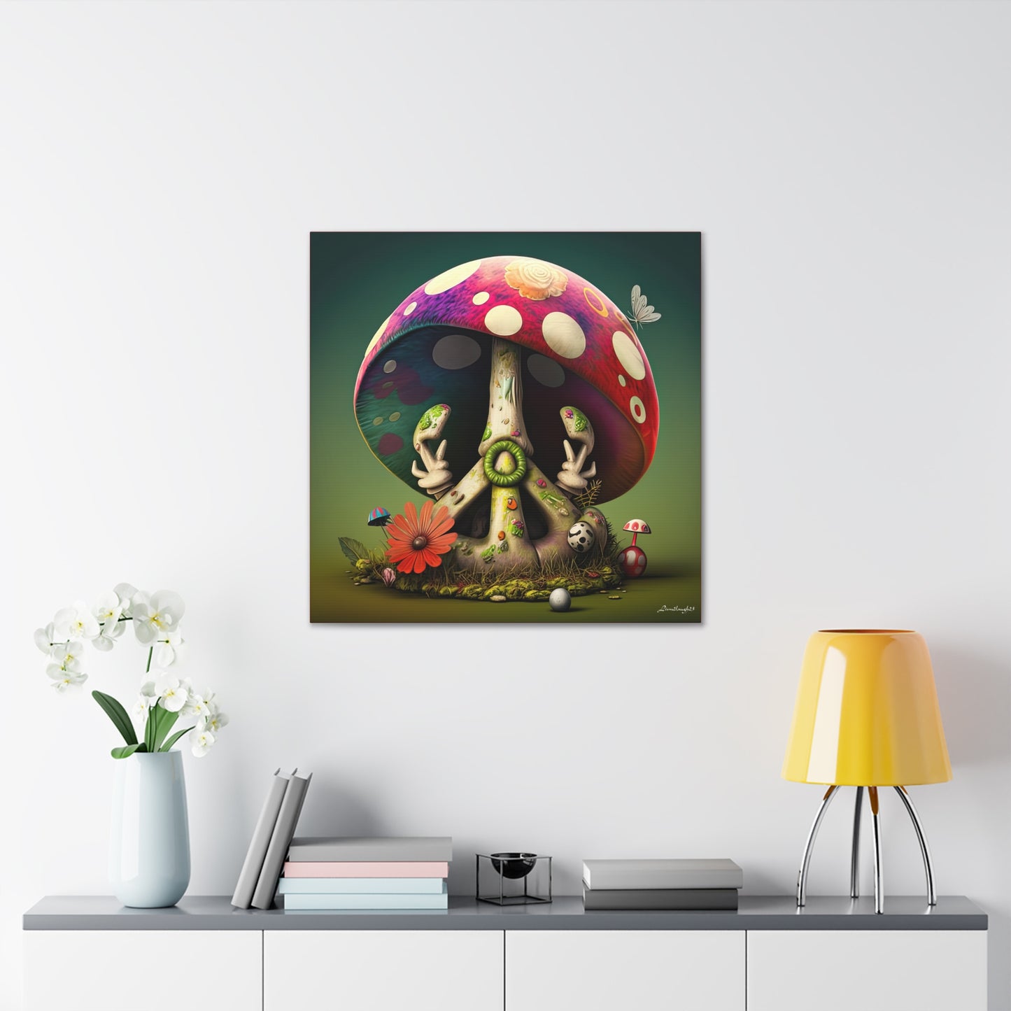 Beautiful Forest Half Peace Sign , Red And White Polka dot Mushrooms Red Flower Canvas Gallery Wraps