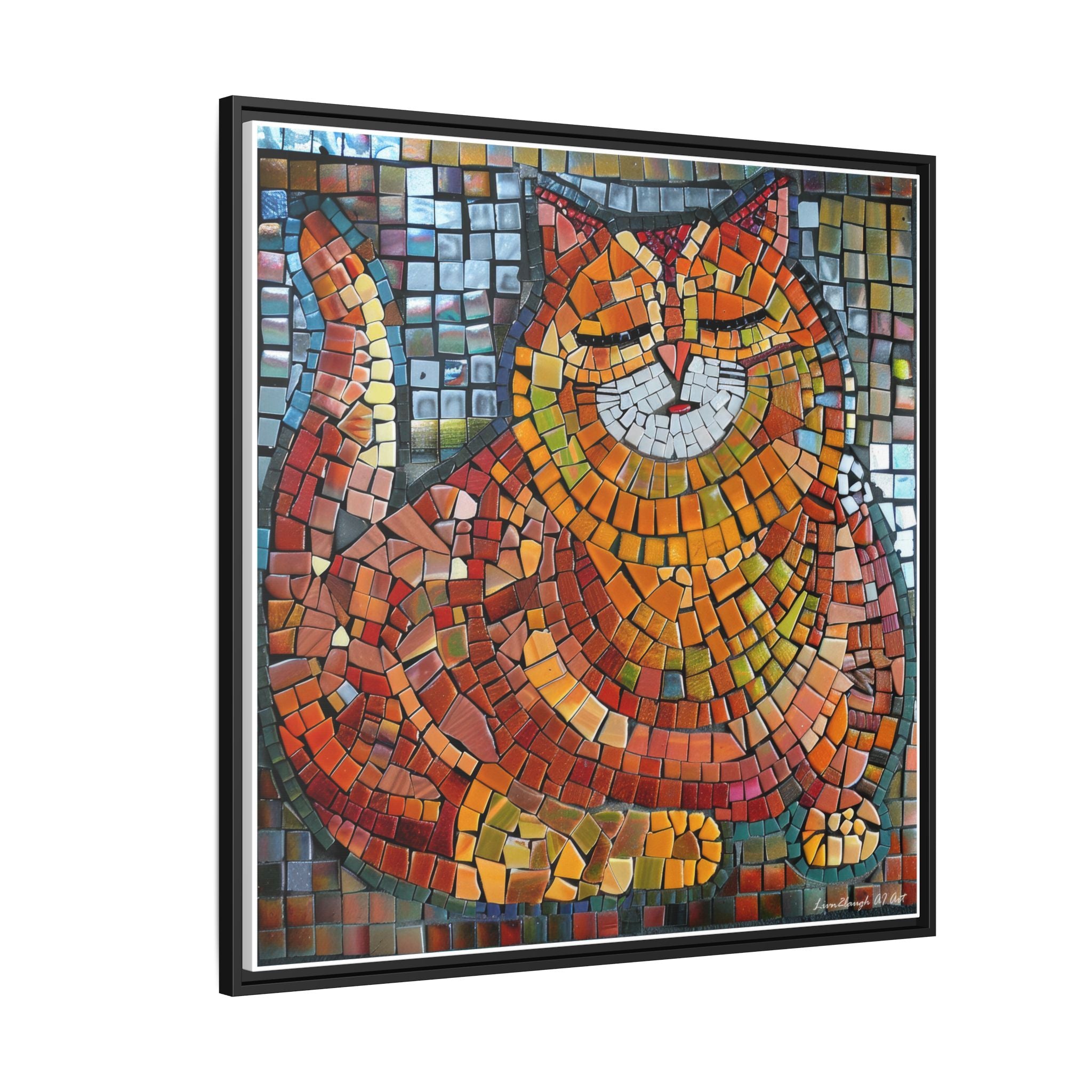 Radiant Whiskers: The Joyful Cat, Framed Mosaic Cat Art Print — Colorful Modern Wall Canvas