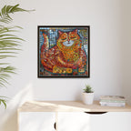 Radiant Whiskers: The Joyful Cat, Framed Mosaic Cat Art Print — Colorful Modern Wall Canvas
