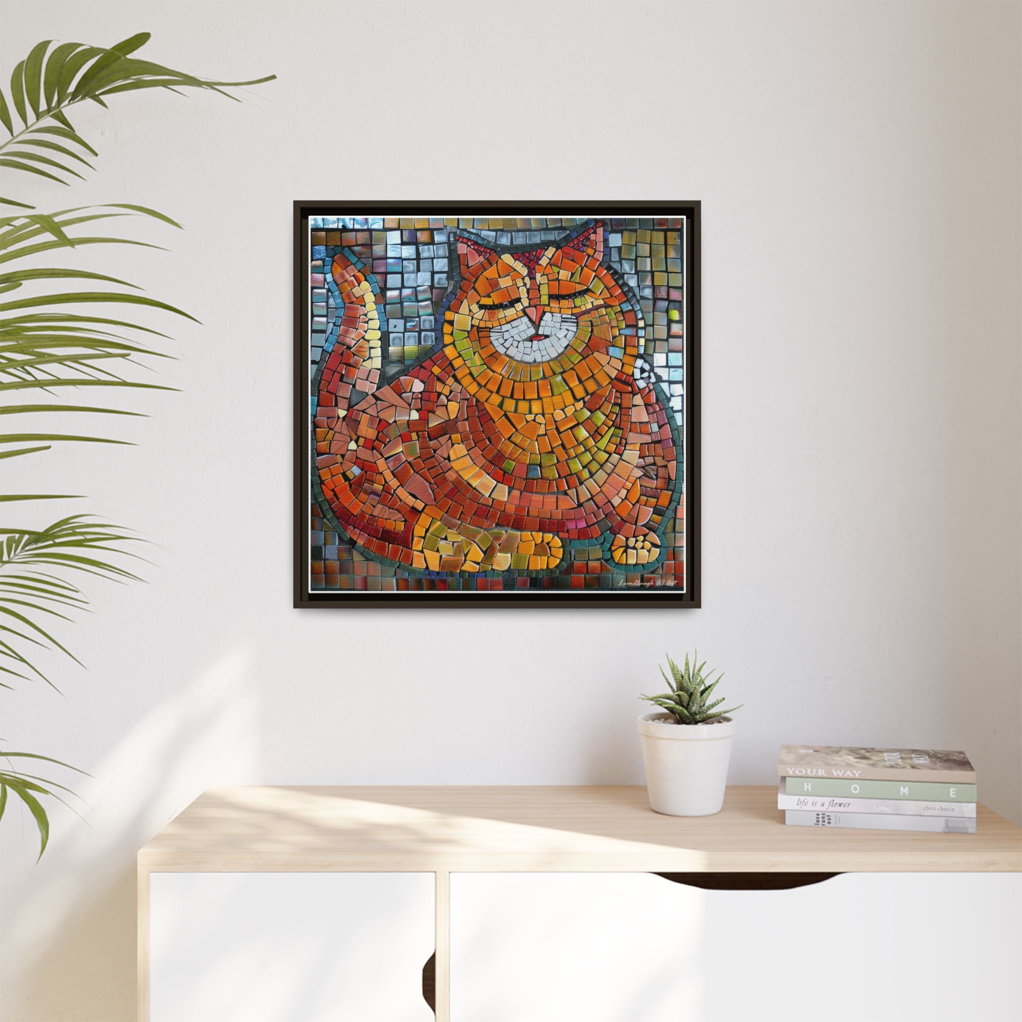 Radiant Whiskers: The Joyful Cat, Framed Mosaic Cat Art Print — Colorful Modern Wall Canvas