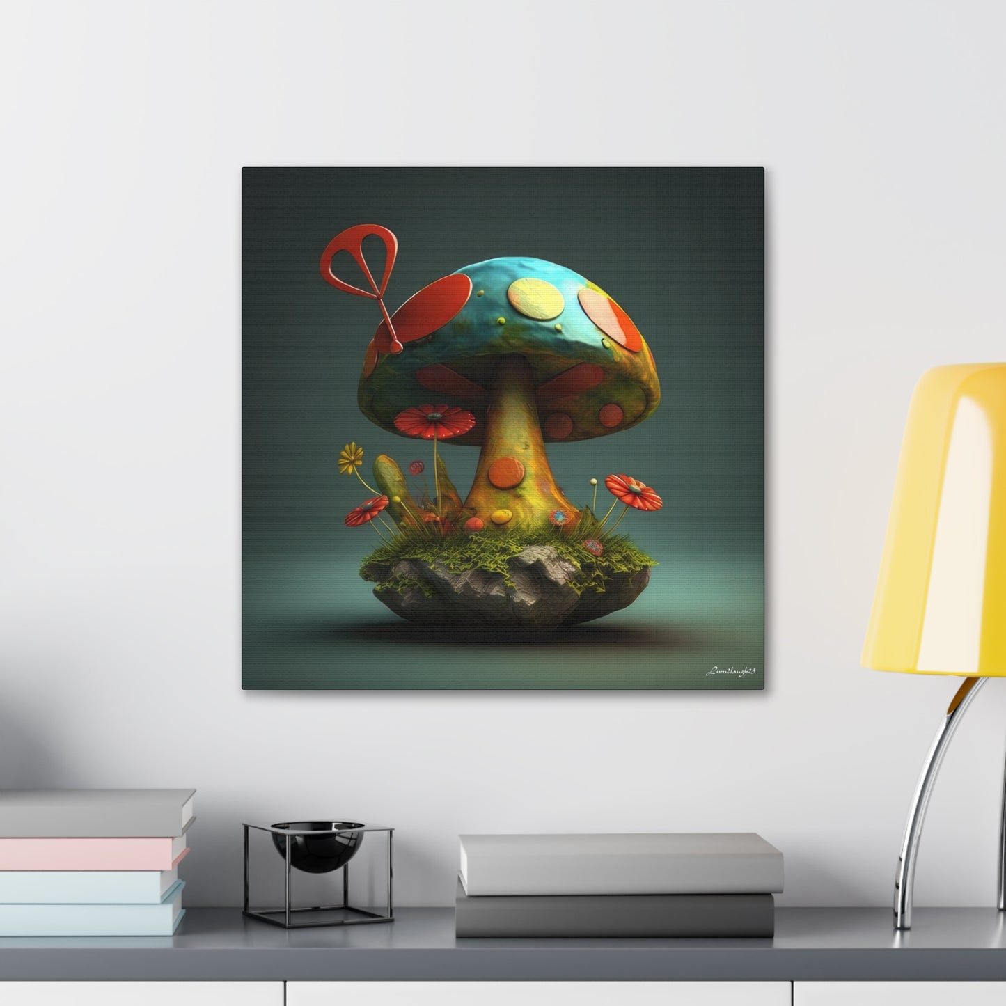 Sassy Colorful Blue Mushroom With Flowers Canvas Gallery Wraps