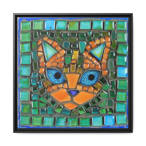 "Emerald Eyes Mosaic Cat", Framed Mosaic Cat Art Print — Colorful Modern Wall Canvas