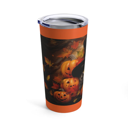 Halloween Tiger Stiped Wearing Witch hat And Smiling Orange Carved Pumpkins Tumbler 20oz