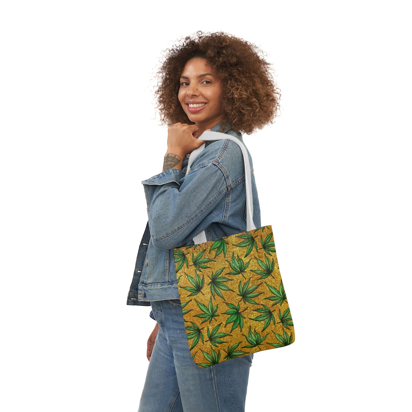 Gold And Green Marijuana Pot Weed Leaf With Gold Background 420 Polyester Canvas Tote Bag (AOP)