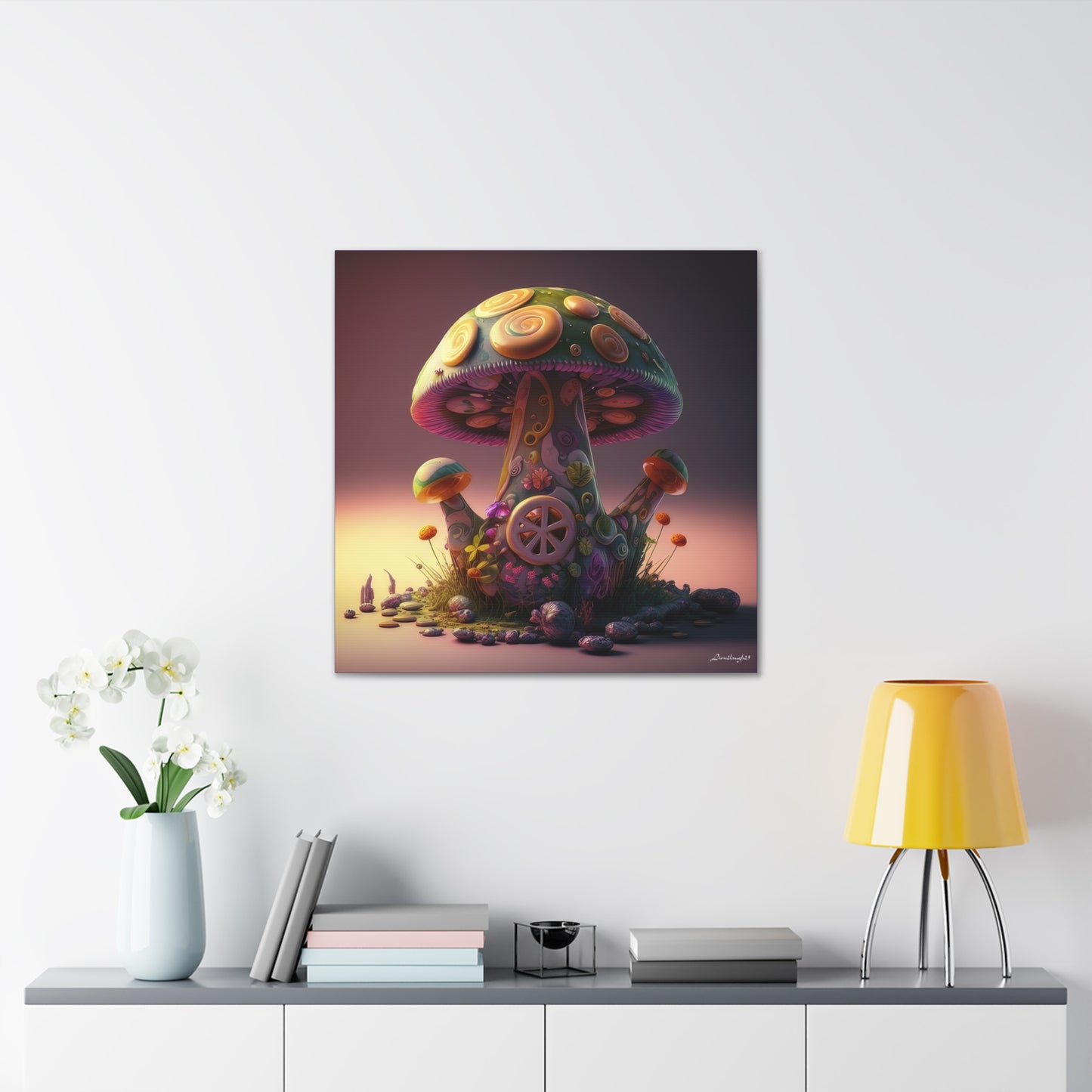 Beautiful Three Mushroom Colorful Uniquely Detailed Canvas Gallery Wraps