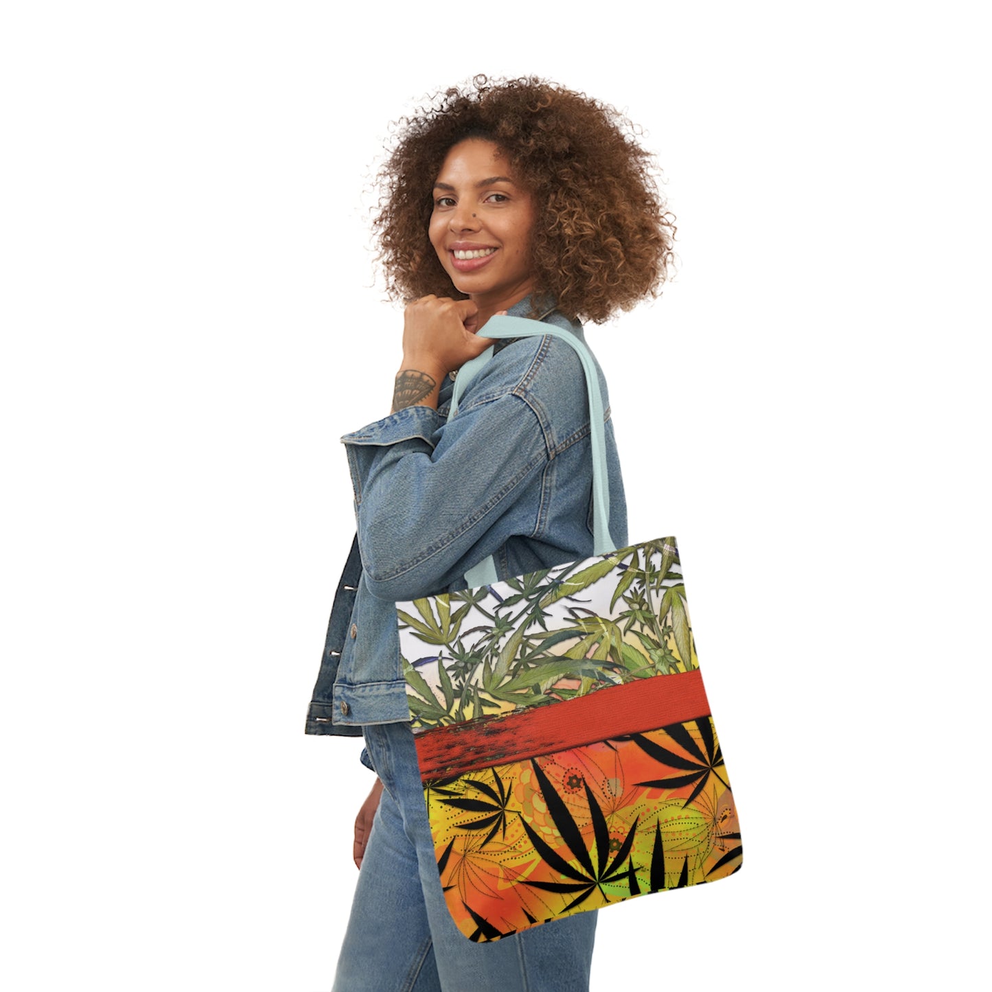 Beautiful Redish Orange Banded Marijuana 420 Pot Weed Leaf Polyester Canvas Tote Bag (AOP)