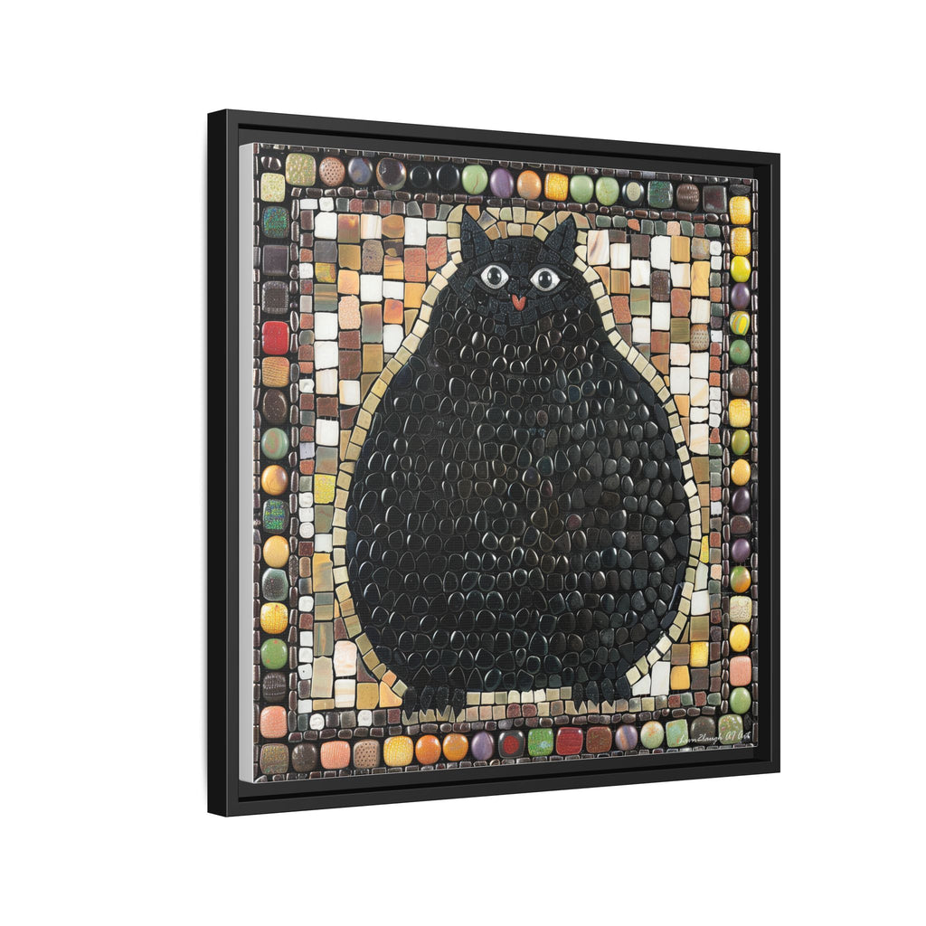 "Playful Black Cat Mosaic", Framed Mosaic Cat Art Print — Colorful Modern Wall Canvas