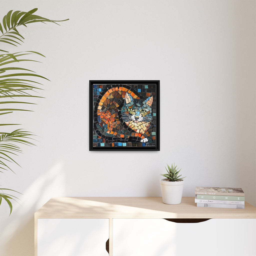 "Bold Mosaic Cat", Framed Mosaic Cat Art Print — Colorful Modern Wall Canvas