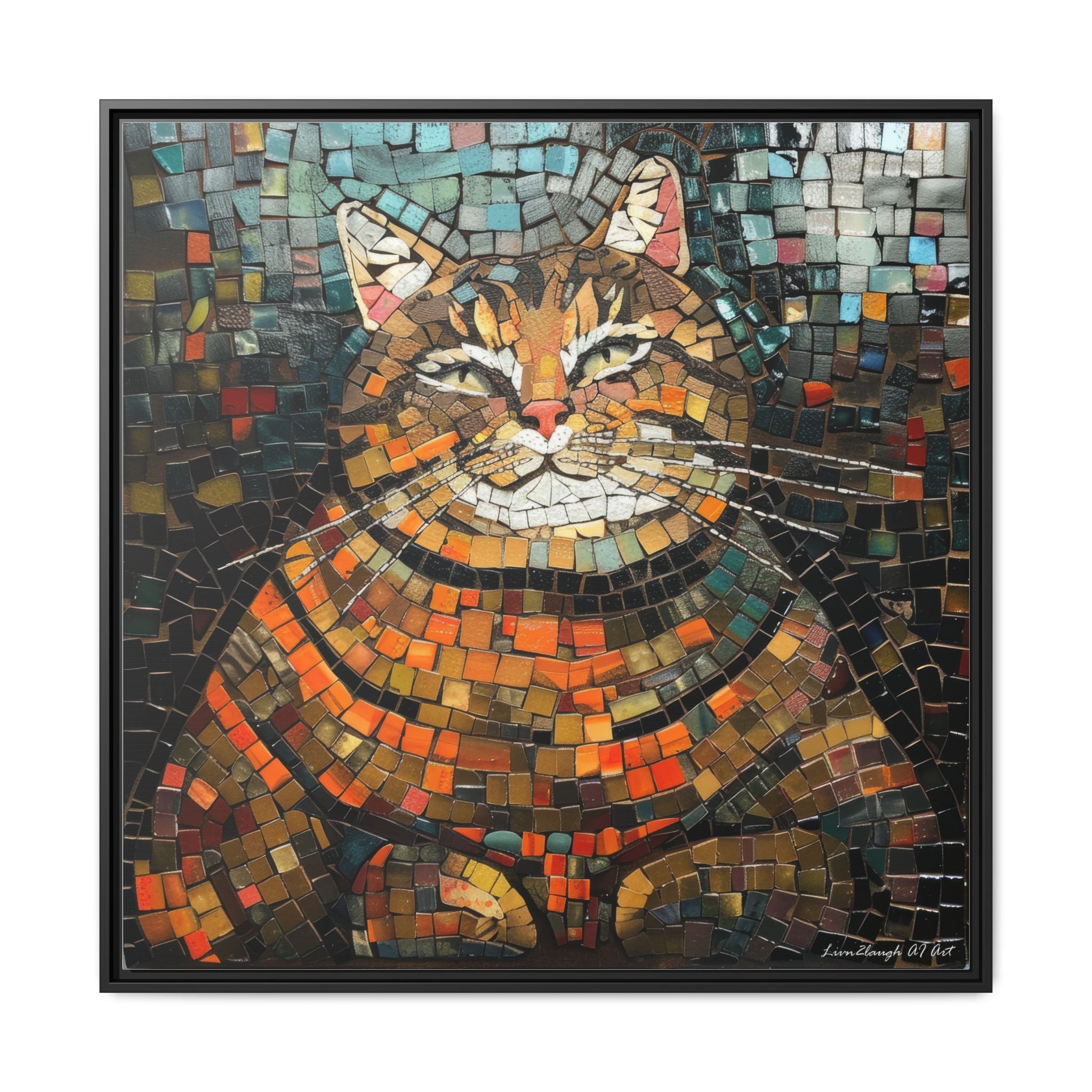 Mosaic Majesty: The Regal Cat, Framed Mosaic Cat Art Print — Colorful Modern Wall Canvas