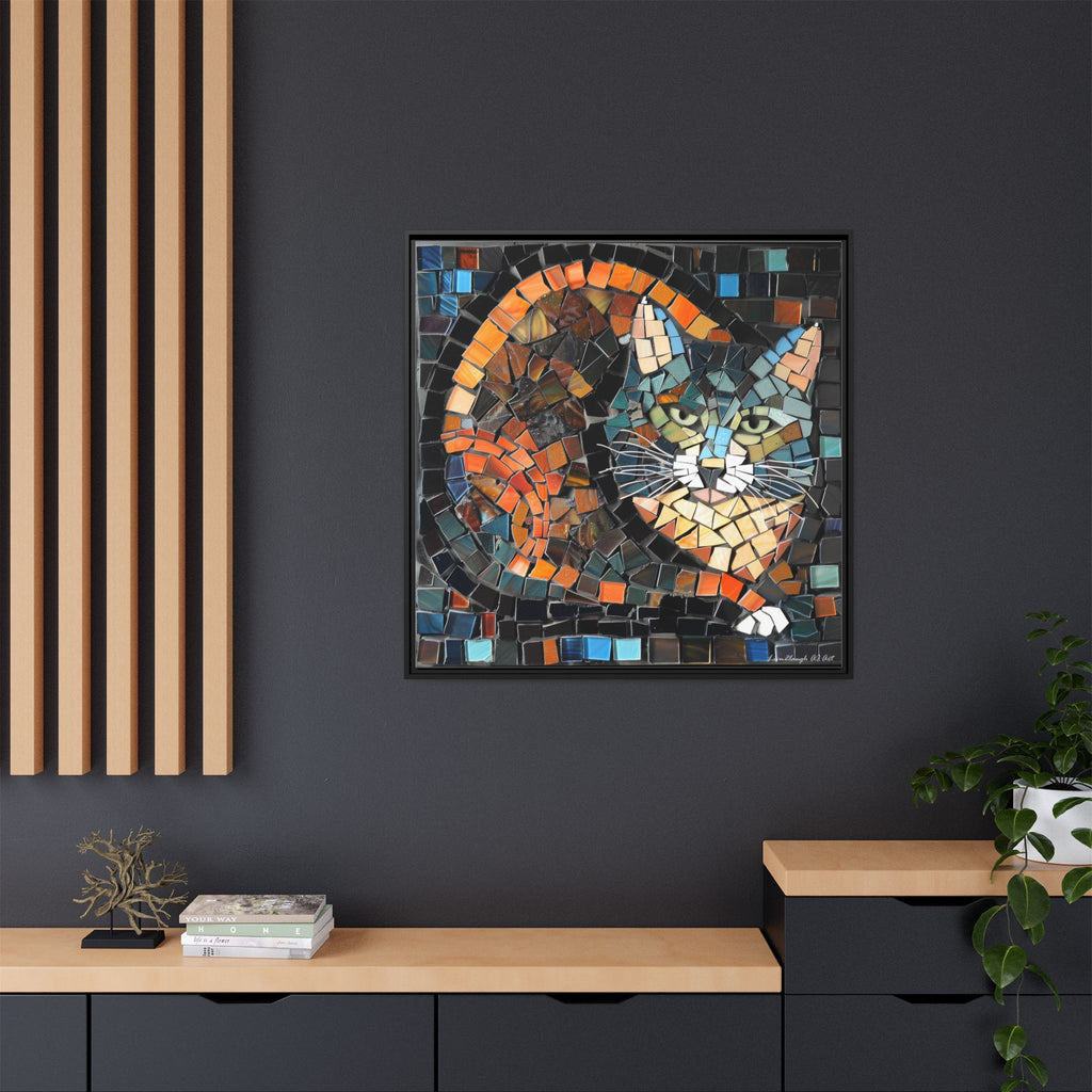 "Bold Mosaic Cat", Framed Mosaic Cat Art Print — Colorful Modern Wall Canvas