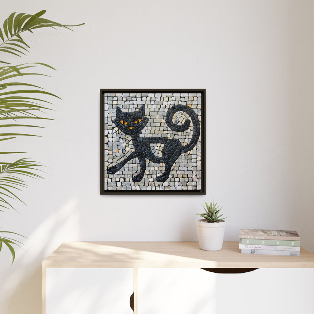 "Curious Black Cat Mosaic", Framed Mosaic Cat Art Print — Colorful Modern Wall Canvas