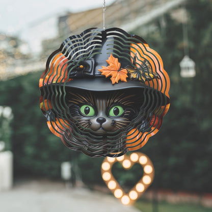 Green Eyed  Halloween Black Cat With Pumpkins Wind Spinner