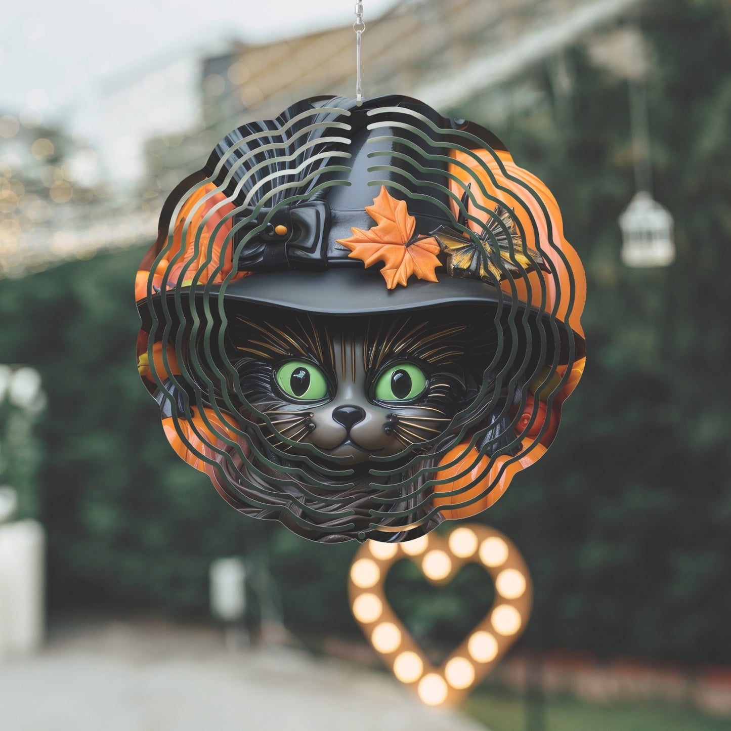 Green Eyed  Halloween Black Cat With Pumpkins Wind Spinner