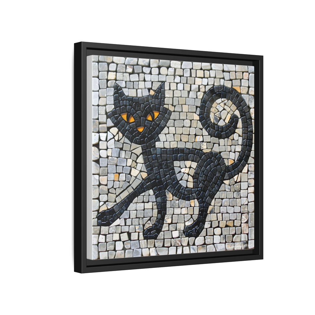 "Curious Black Cat Mosaic", Framed Mosaic Cat Art Print — Colorful Modern Wall Canvas
