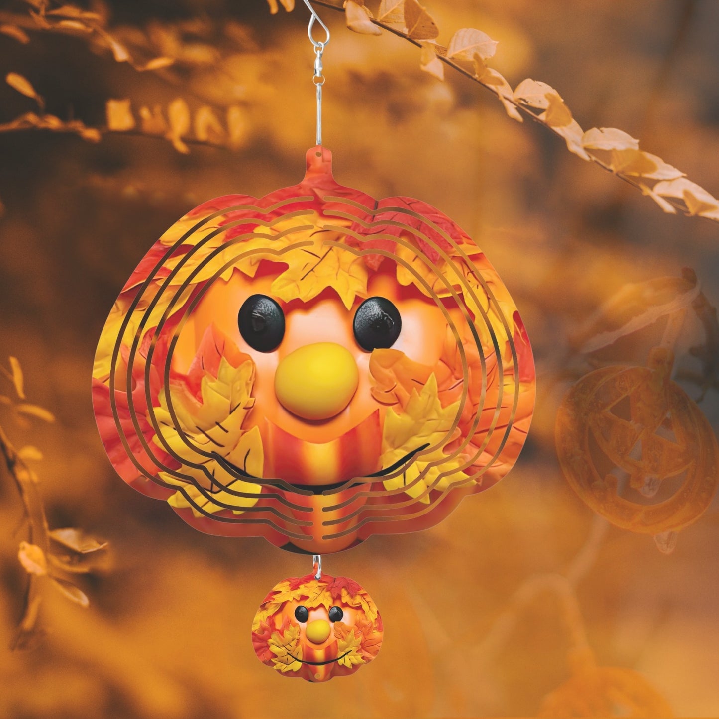 Pumpkin Autumn Fall Face With Fall Leaves Shaped Wind Spinner